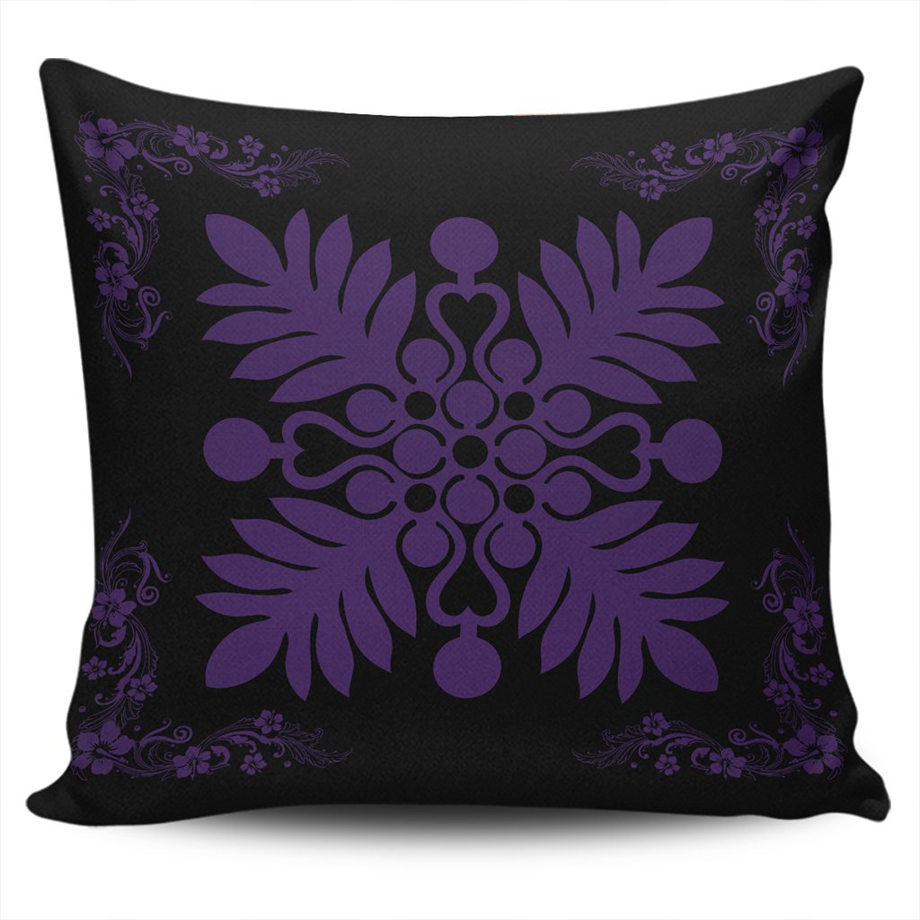 Hawaiian Quilt Maui Plant And Hibiscus Pattern Pillow Covers - Purple Black - AH One Size Purple - Polynesian Pride