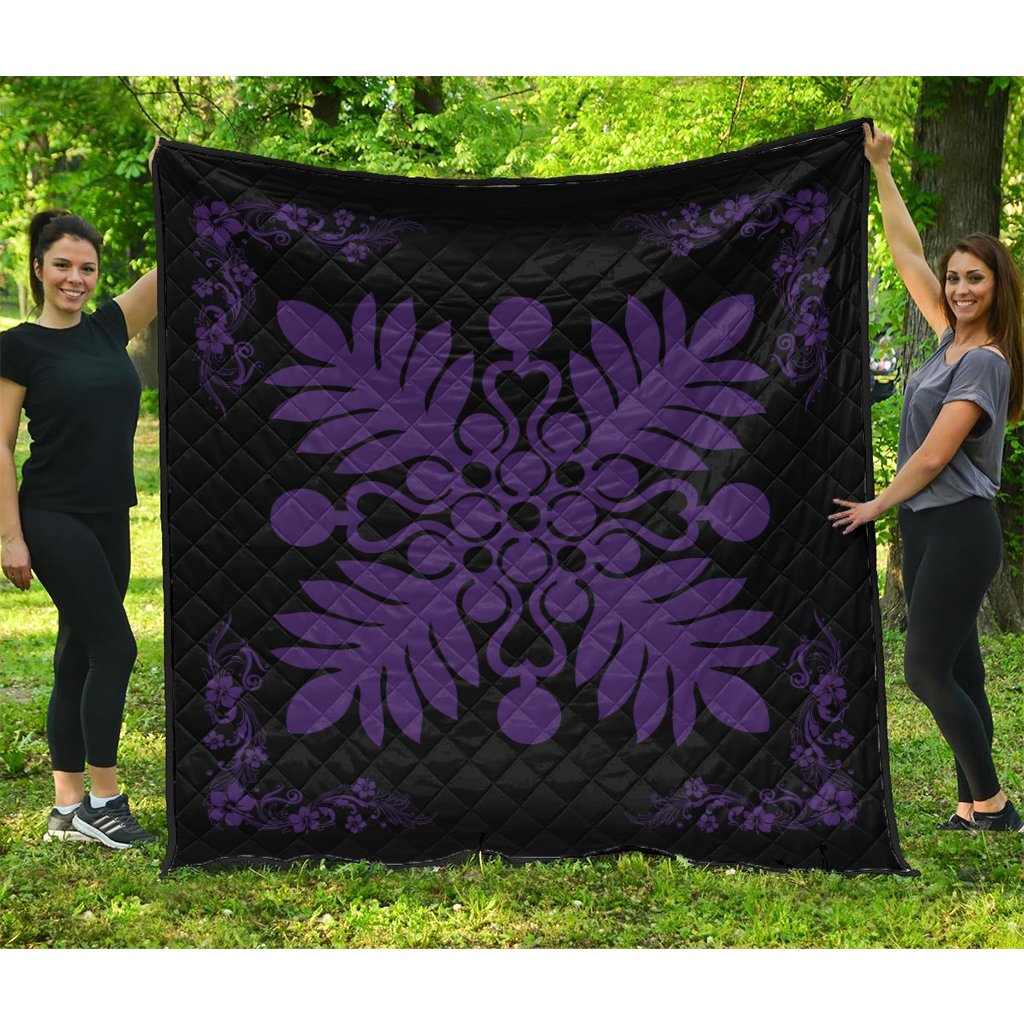 Hawaiian Quilt Maui Plant And Hibiscus Premium Quilt - Purple Black - AH Purple - Polynesian Pride
