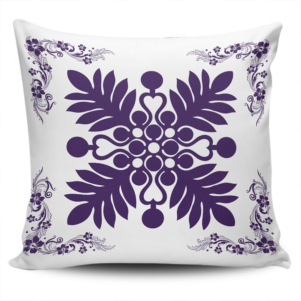 Hawaiian Quilt Maui Plant And Hibiscus Pattern Pillow Covers - Purple White - AH One Size Purple - Polynesian Pride