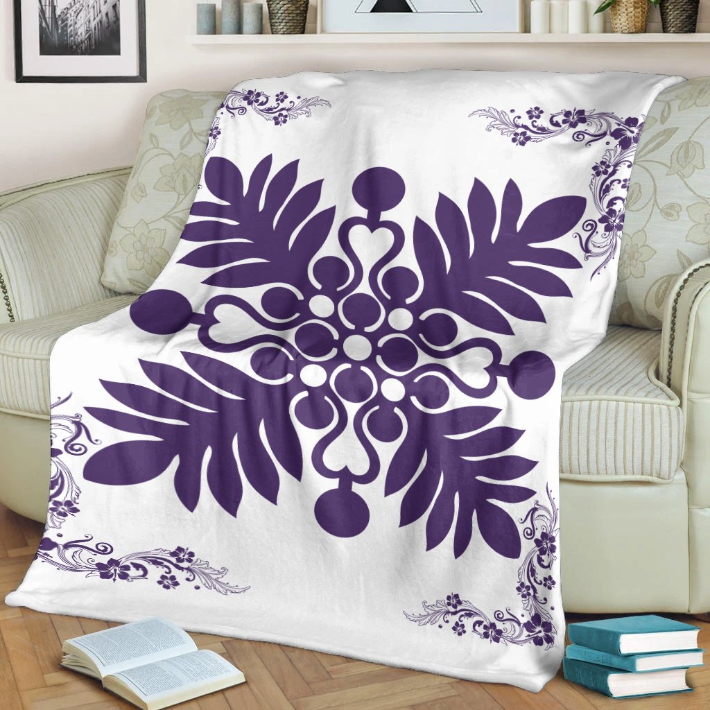 Hawaiian Quilt Maui Plant And Hibiscus Premium Blanket - Purple White - AH - Polynesian Pride