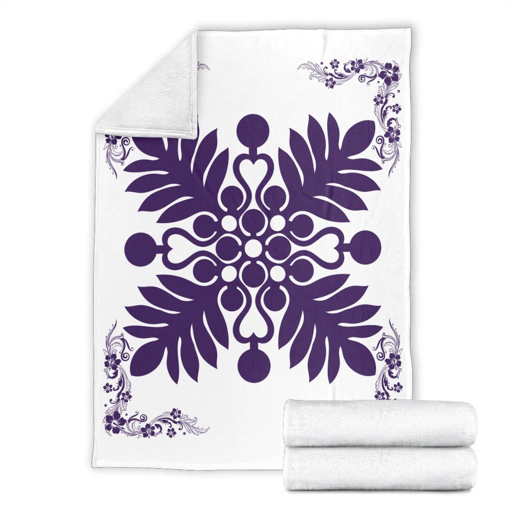 Hawaiian Quilt Maui Plant And Hibiscus Premium Blanket - Purple White - AH - Polynesian Pride