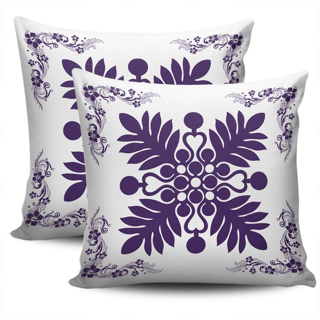 Hawaiian Quilt Maui Plant And Hibiscus Pattern Pillow Covers - Purple White - AH - Polynesian Pride
