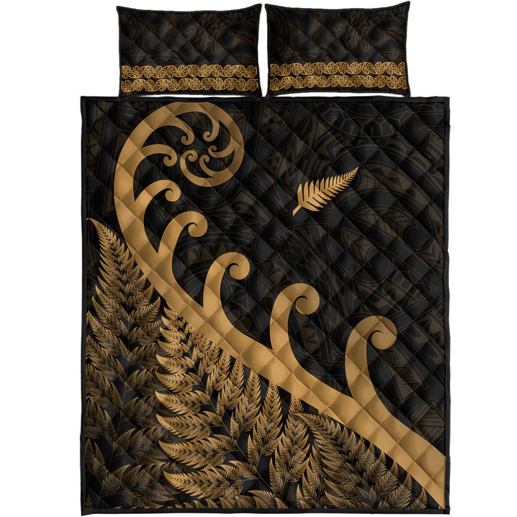 New Zealand Rugby Maori Quilt Bed Set Silver Fern Koru Vibes - Gold LT8 - Polynesian Pride