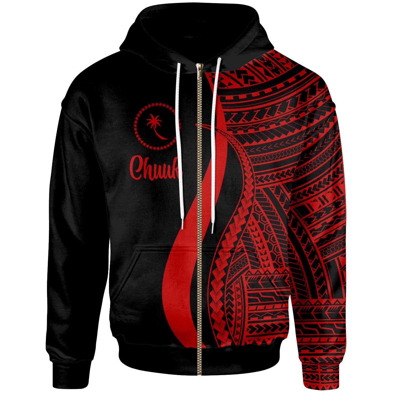 Chuuk Zip up Hoodie Red Tentacle Tribal Pattern Unisex Gold - Polynesian Pride