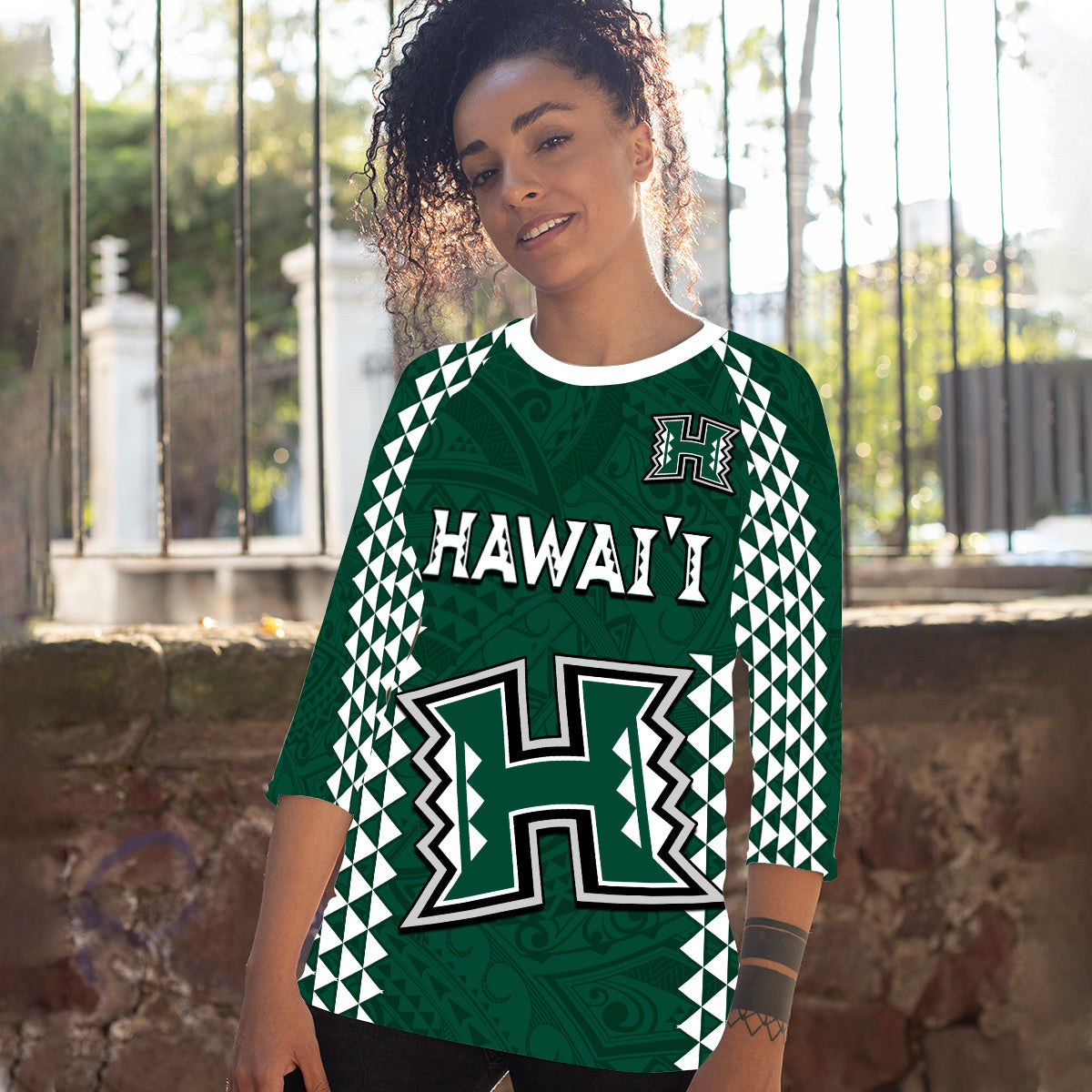 (Custom Text and Number) Hawaii Football Raglan 3/4 Sleeve T Shirt Kakau Warrior Be Stronger LT13 Green - Polynesian Pride