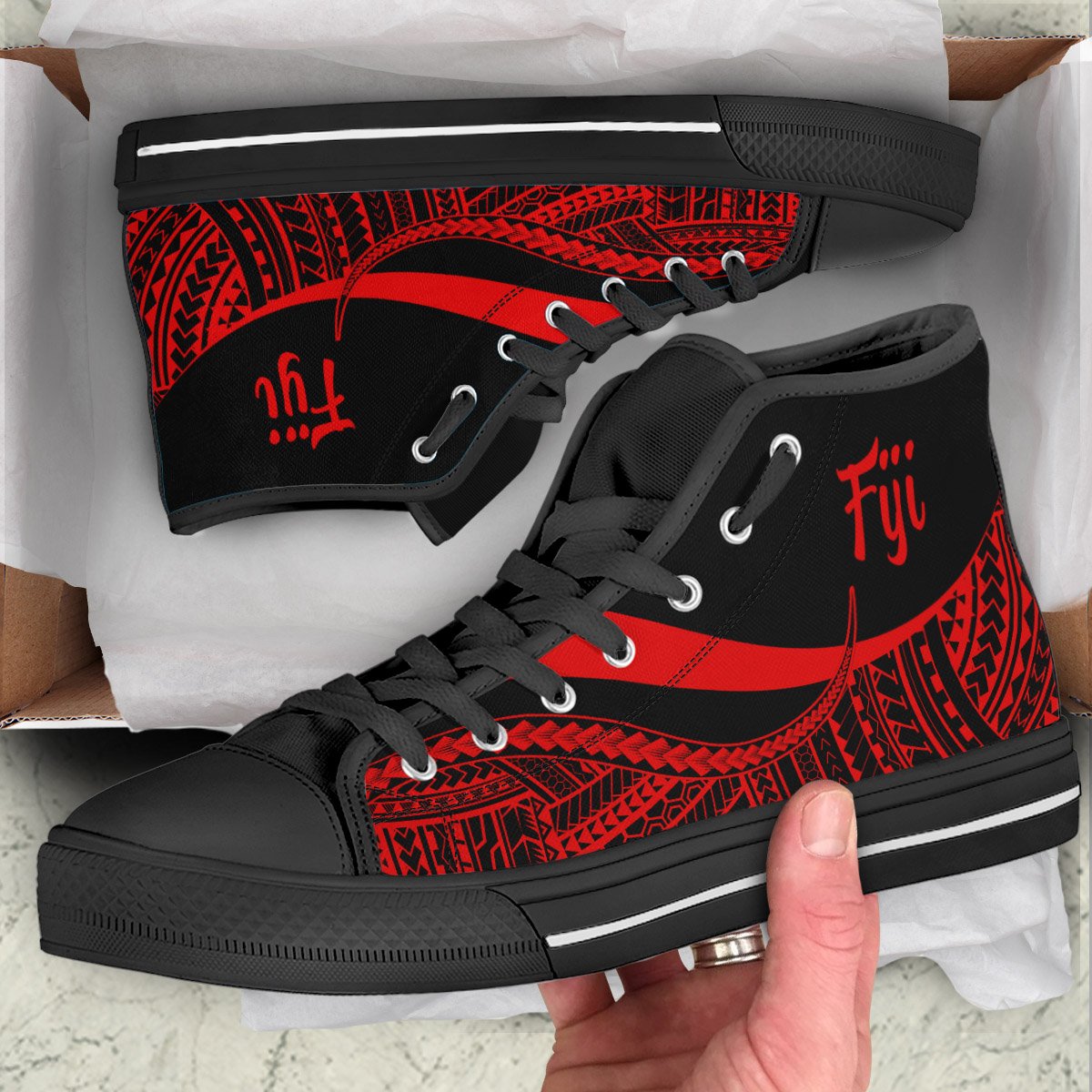 Fiji High Top Shoes Red - Polynesian Tentacle Tribal Pattern Unisex Black - Polynesian Pride