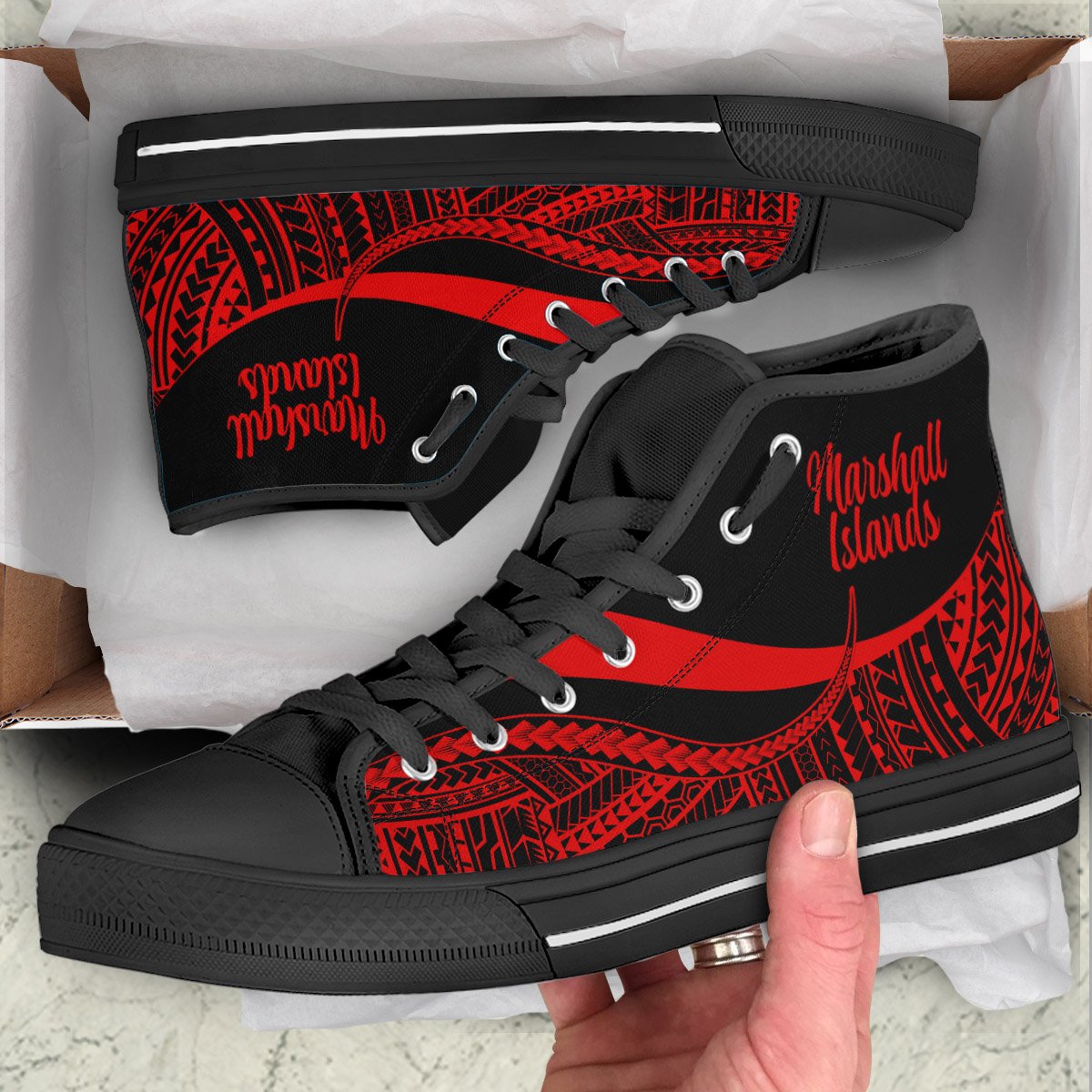 Marshall Islands High Top Shoes Red - Polynesian Tentacle Tribal Pattern Crest Unisex Black - Polynesian Pride