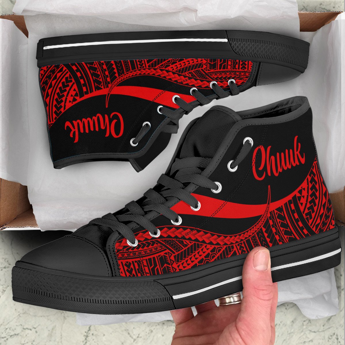 Chuuk High Top Shoes Red - Polynesian Tentacle Tribal Pattern Unisex Black - Polynesian Pride