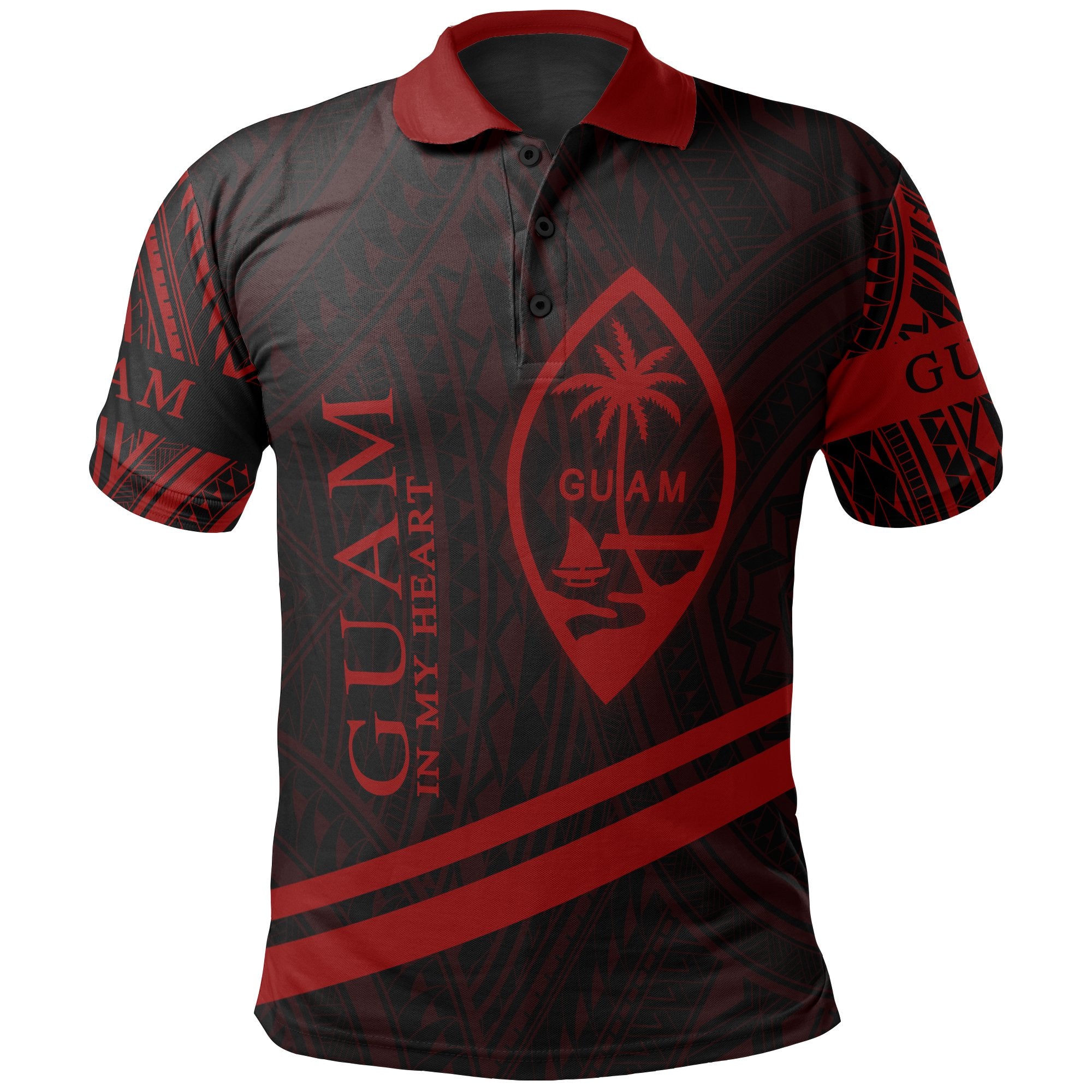 Guam Polo Shirt In My Heart Style Red Polynesian Patterns Unisex Black - Polynesian Pride