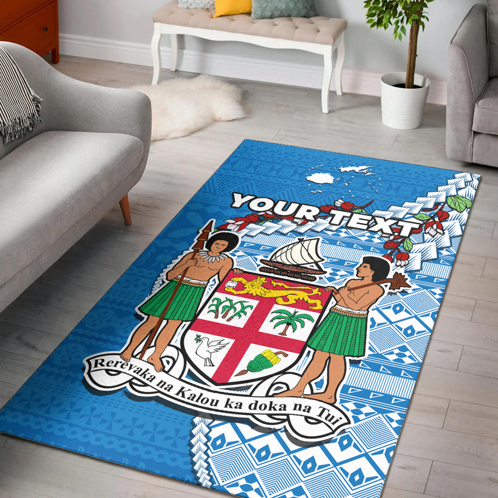 (Custom Personalised) Fiji Area Rug Fijian Drua Mix Tagimaucia Flower Blue Style Ver.01 LT14 Blue - Polynesian Pride