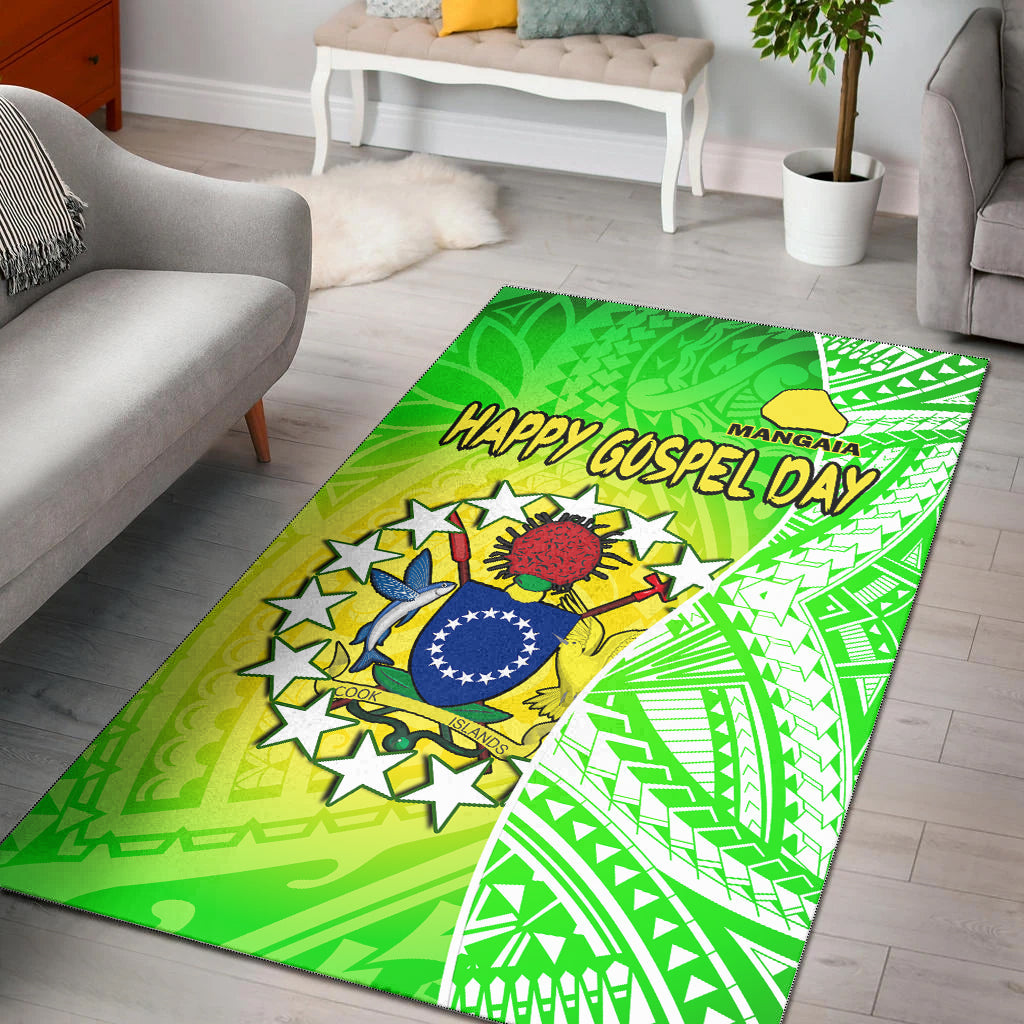 Happy Mangaia Gospel Day Area Rug Cook Islands Coat Of Arms Polynesian Pattern LT14 Green - Polynesian Pride