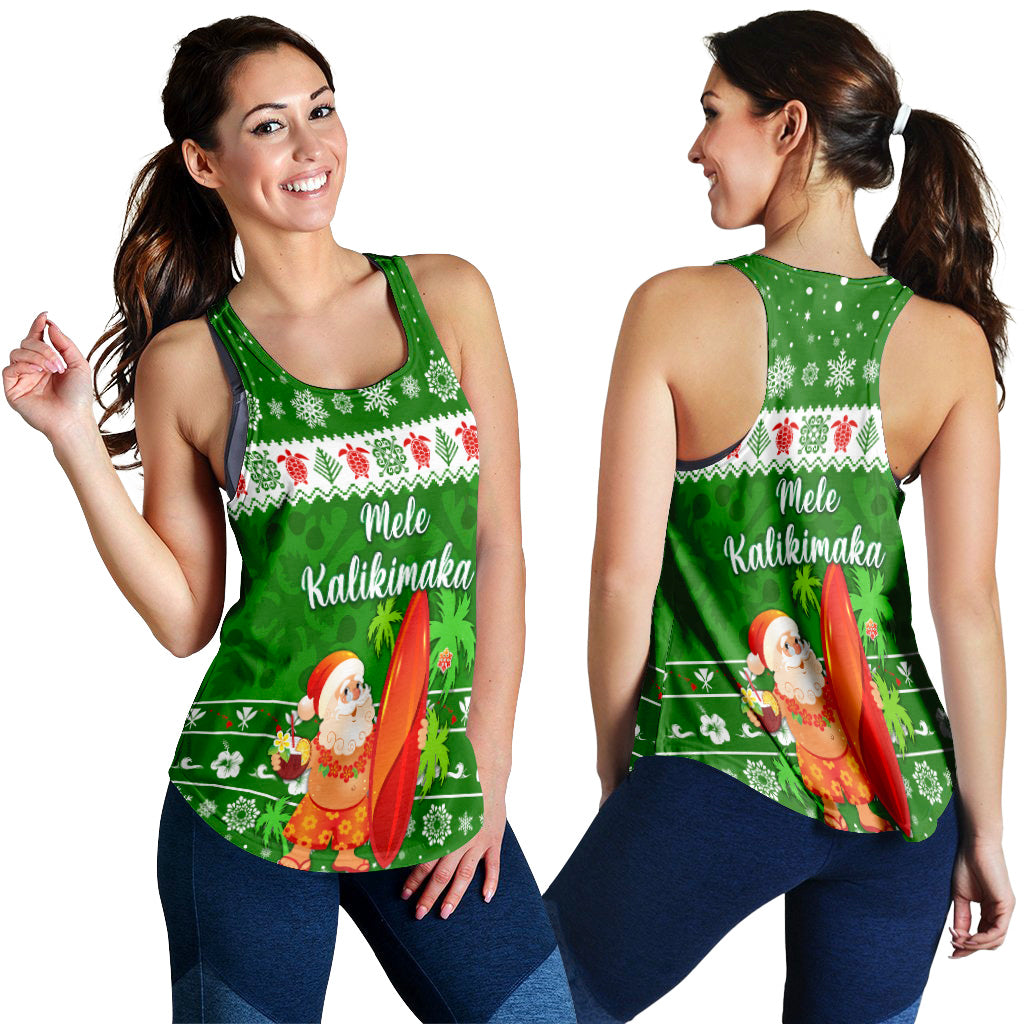 Hawaii Christmas Women Racerback Tank Santa Claus Surfing Simple Style - Green LT8 - Polynesian Pride