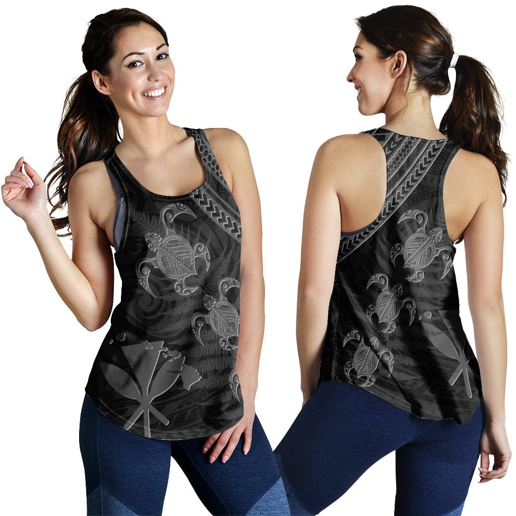 Hawaii Kanaka Turtle Fern Leaves Polynesian Women's Racerback Tank - Quini Style - AH Grey - Polynesian Pride