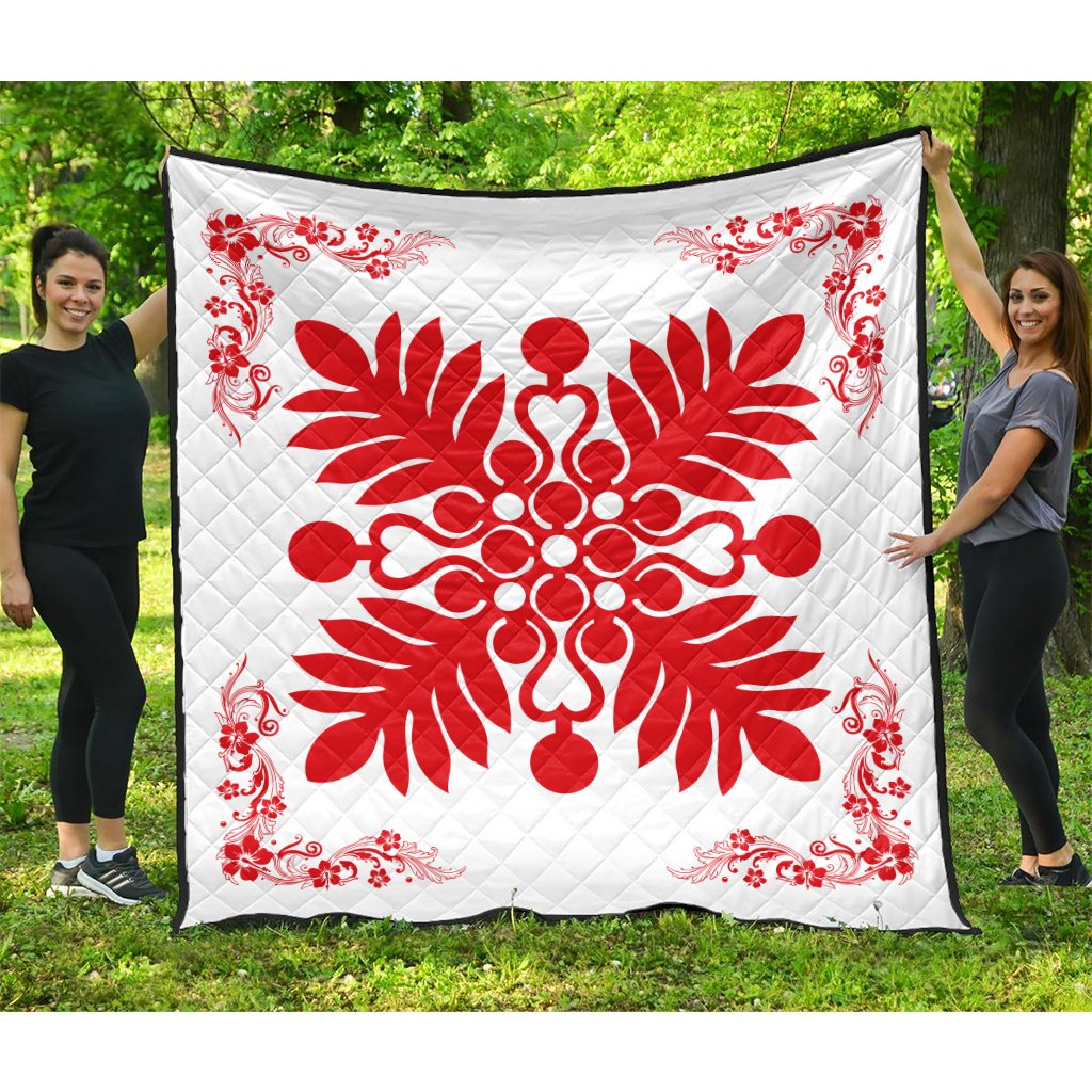 Hawaiian Quilt Maui Plant And Hibiscus Premium Quilt - Red White - AH Red - Polynesian Pride