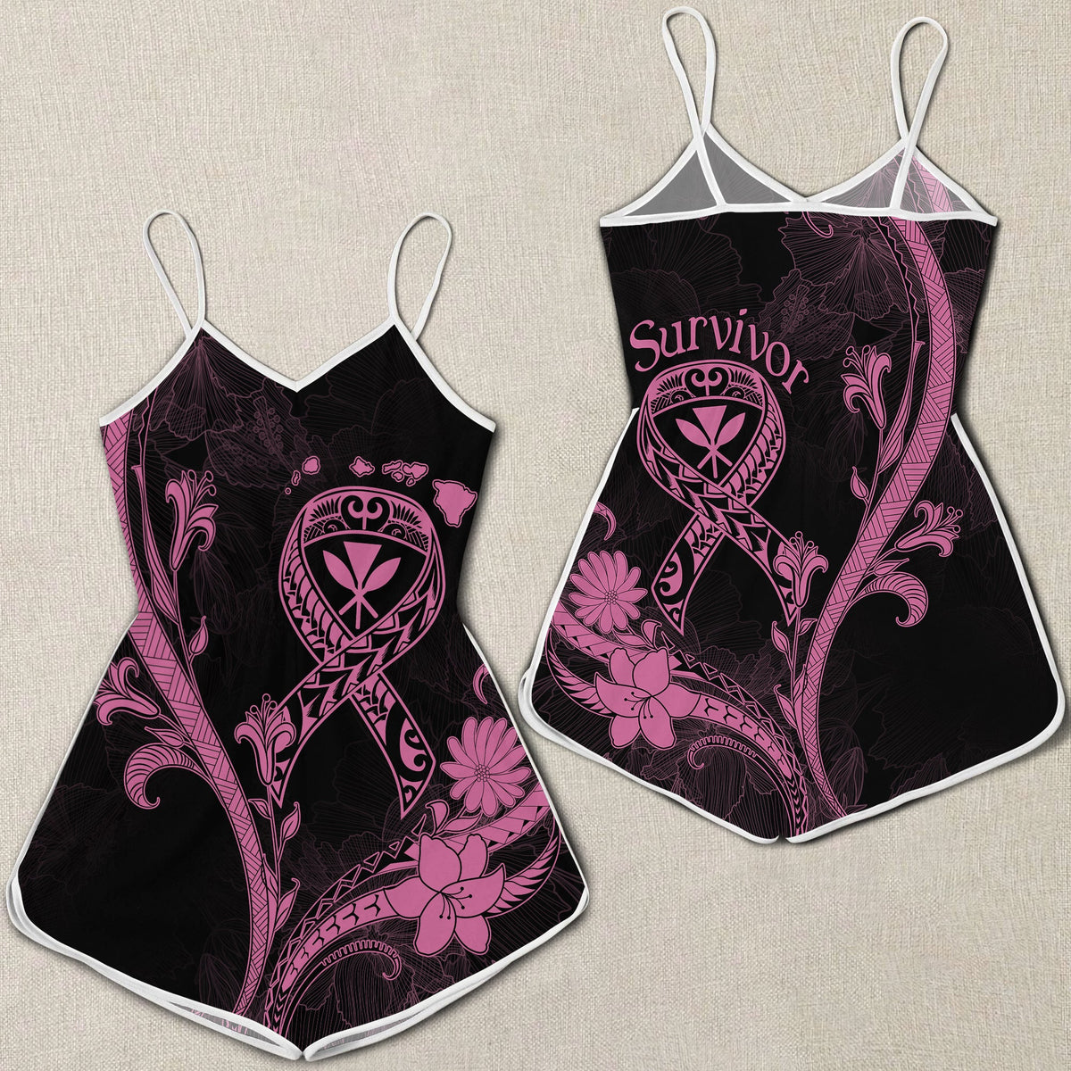 Hawaii Rompers Breast Cancer Survivor Mix Hibiscus LT7 Black - Polynesian Pride