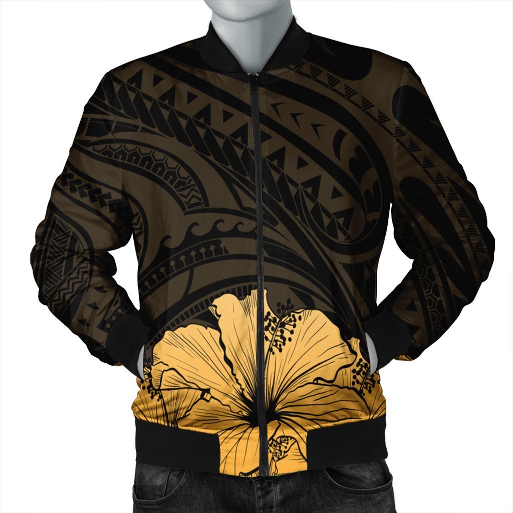 Royal Hibiscus Polynesian Tribal Golden Bomber Jacket - AH Black Unisex - Polynesian Pride