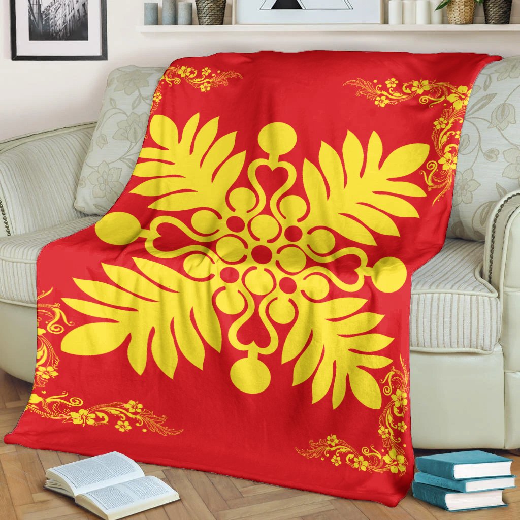 Hawaiian Quilt Maui Plant And Hibiscus Premium Blanket - Royal - AH - Polynesian Pride