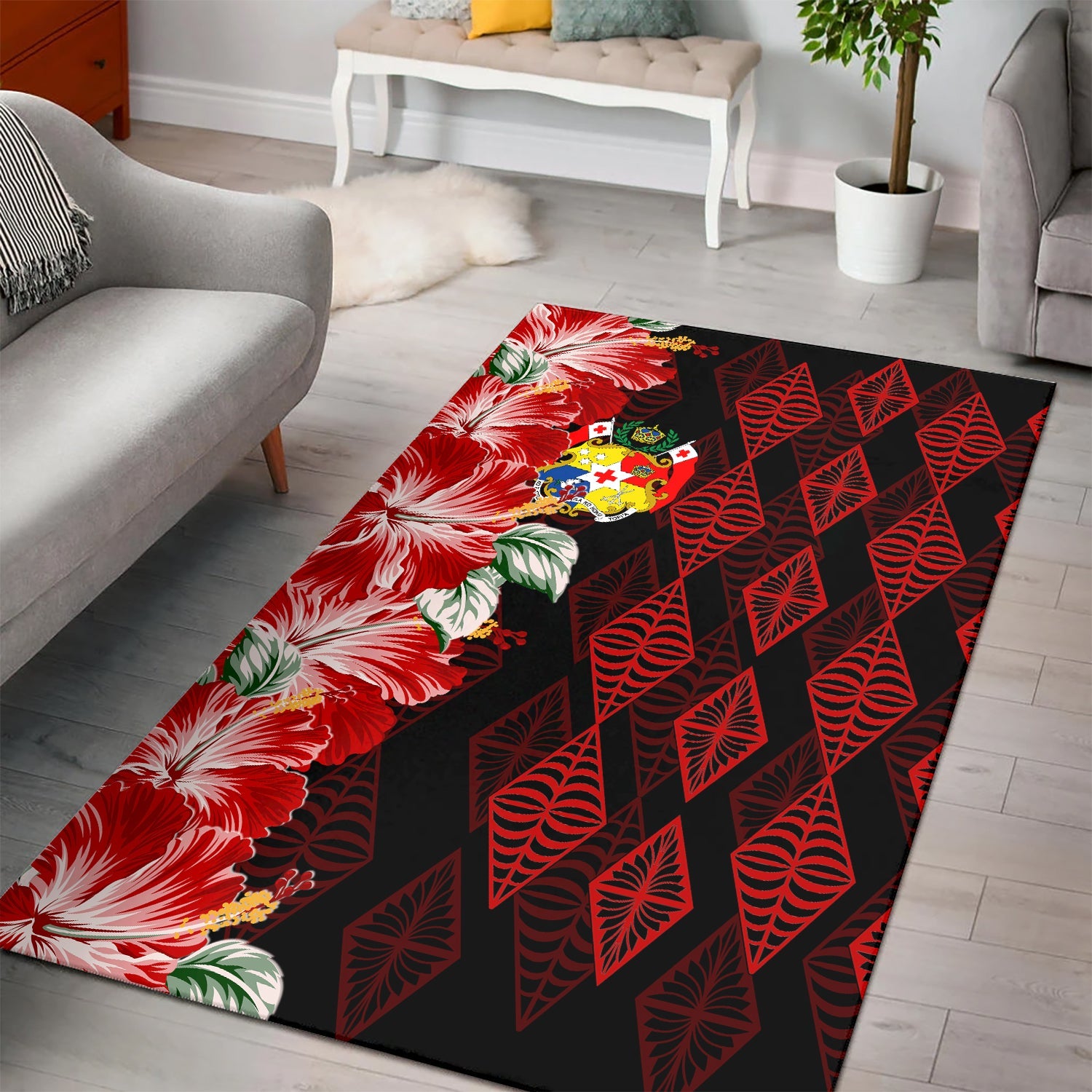 Tonga Rug Diamond Style Mix Hibiscus - Black LT7 Black - Polynesian Pride