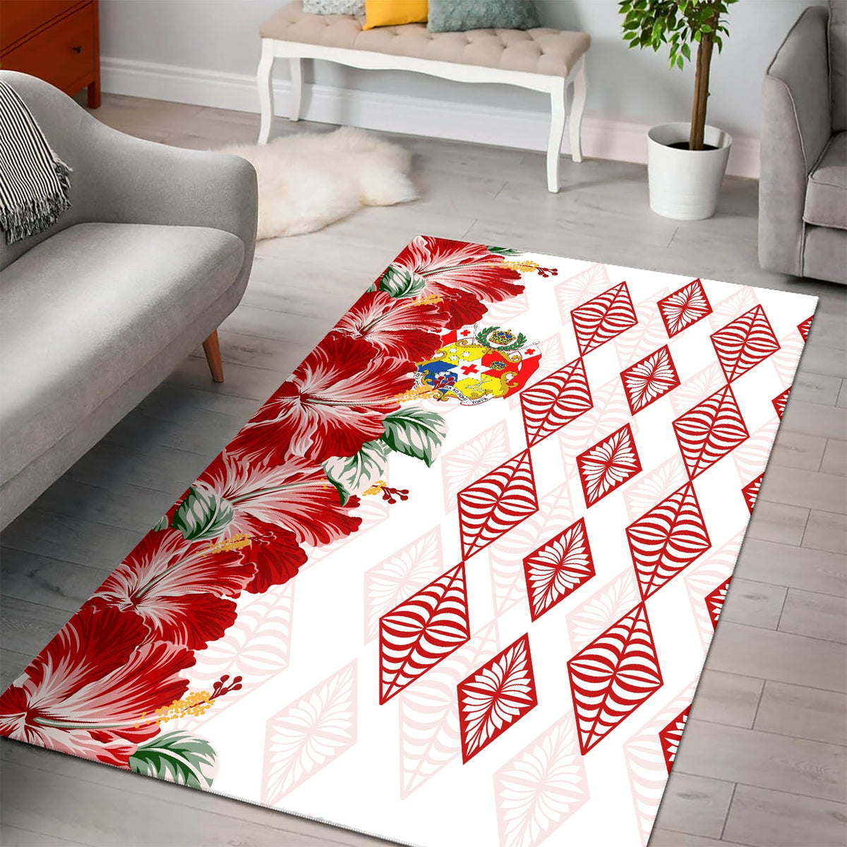 Tonga Rug Diamond Style Mix Hibiscus - White LT7 White - Polynesian Pride