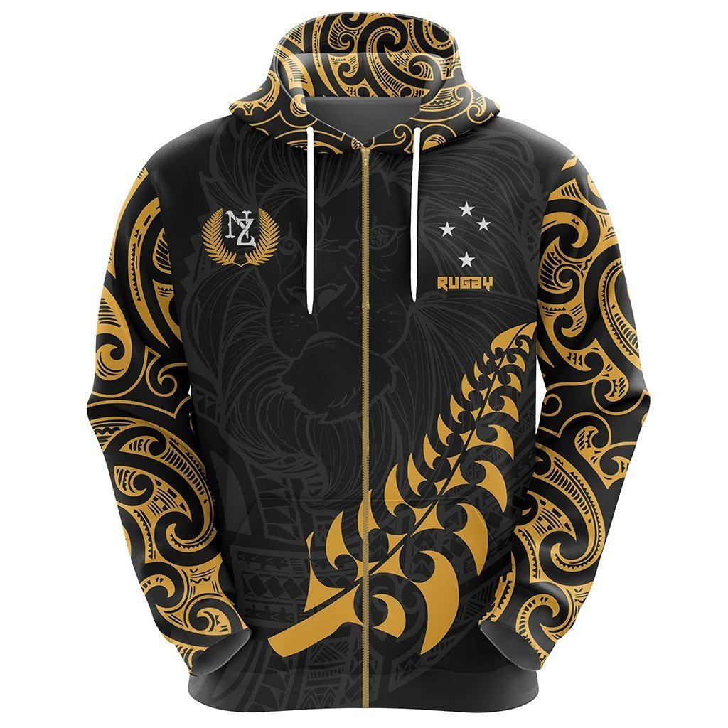 New Zealand Rugby Hoodie, Maori Lion Rugby Zip up Hoodie Unisex Black - Polynesian Pride
