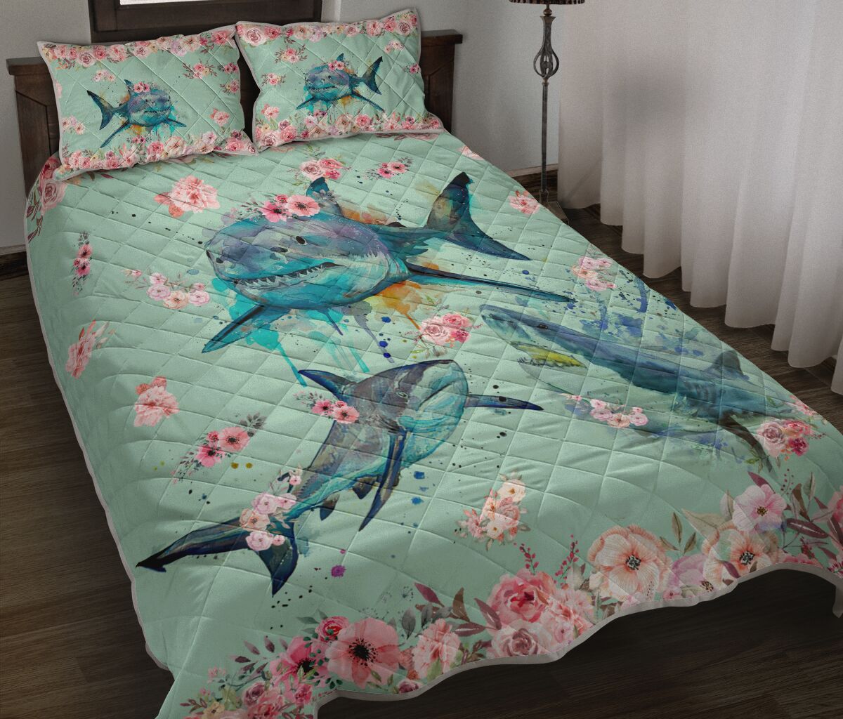 Hawaii Shark Flower Quilt Bed Set - Sea Sweet - AH Green - Polynesian Pride