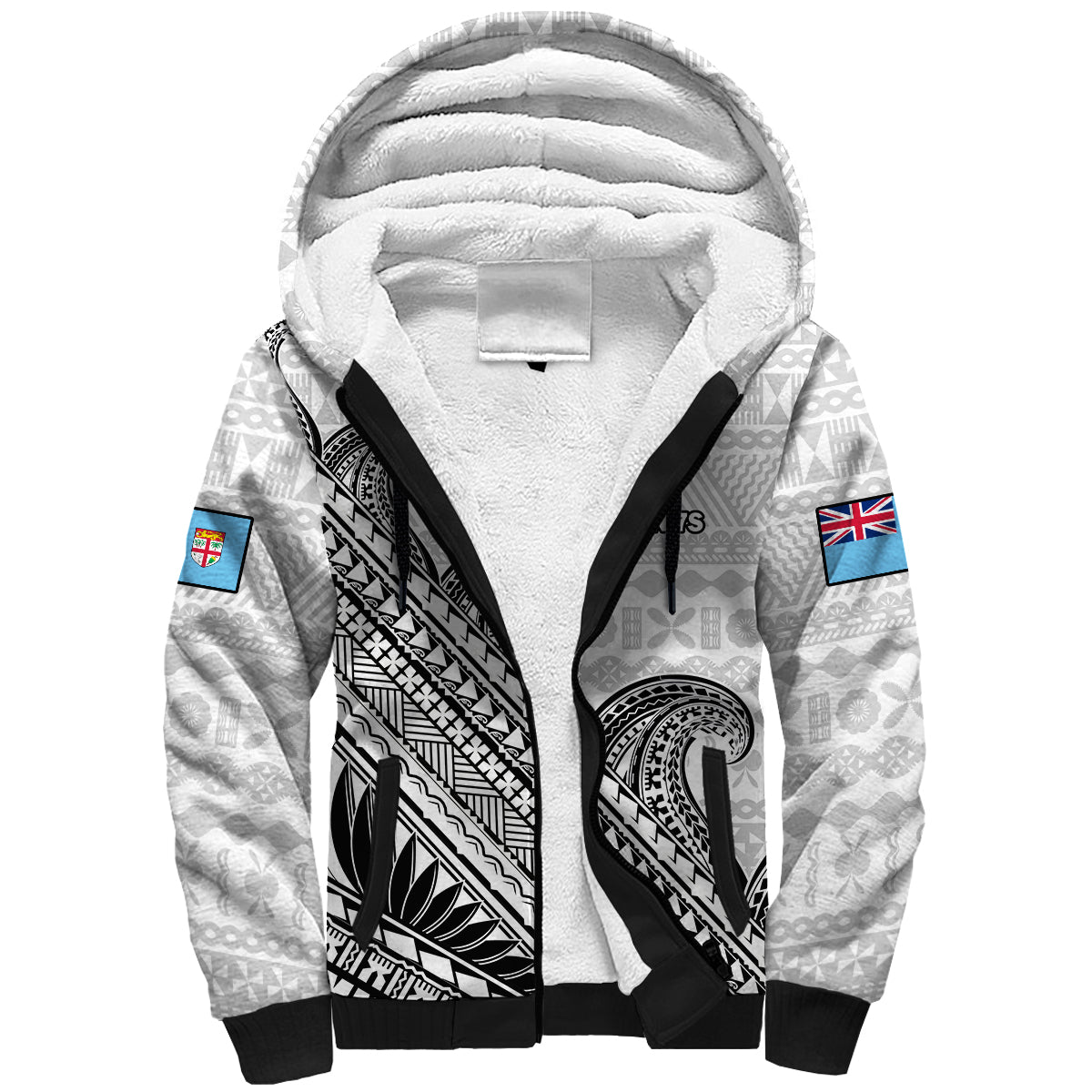 (Custom Text And Number) Fiji Sevens Rugby Sherpa Hoodie Fijian 7s Tapa Polynesian Art LT14 Unisex White - Polynesian Pride