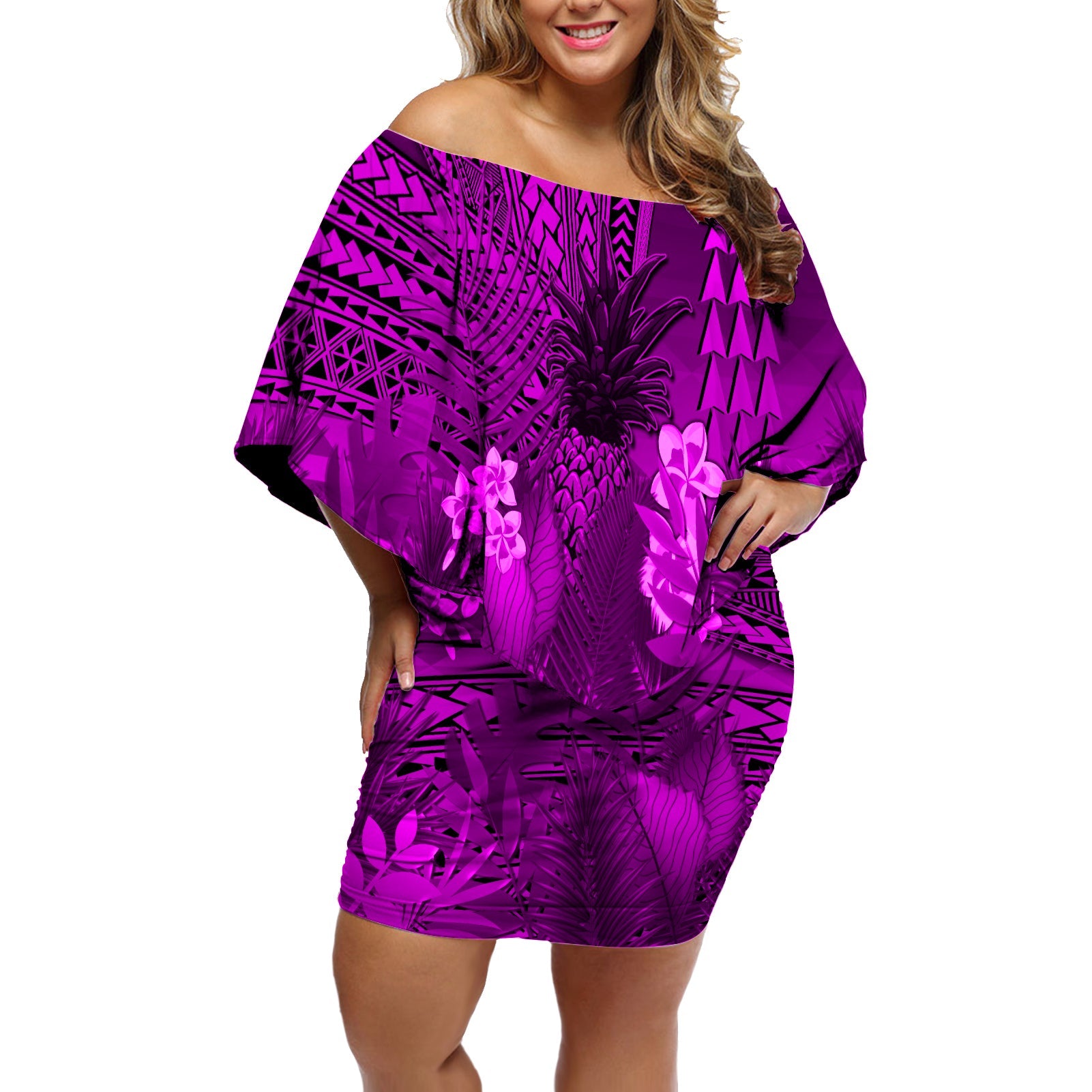 Hawaii Pineapple Off Shoulder Short Dress Purple Plumeria Frangipani Mix Tribal Pattern LT13 Women Purple - Polynesian Pride