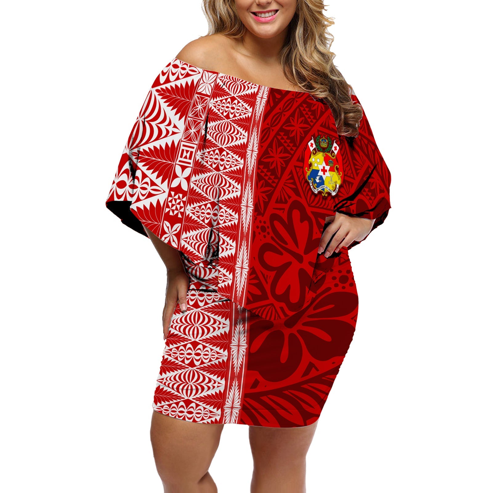 Tonga Rugby Off Shoulder Short Dress Kupesi Ngatu Ver.01 LT13 Women Art - Polynesian Pride