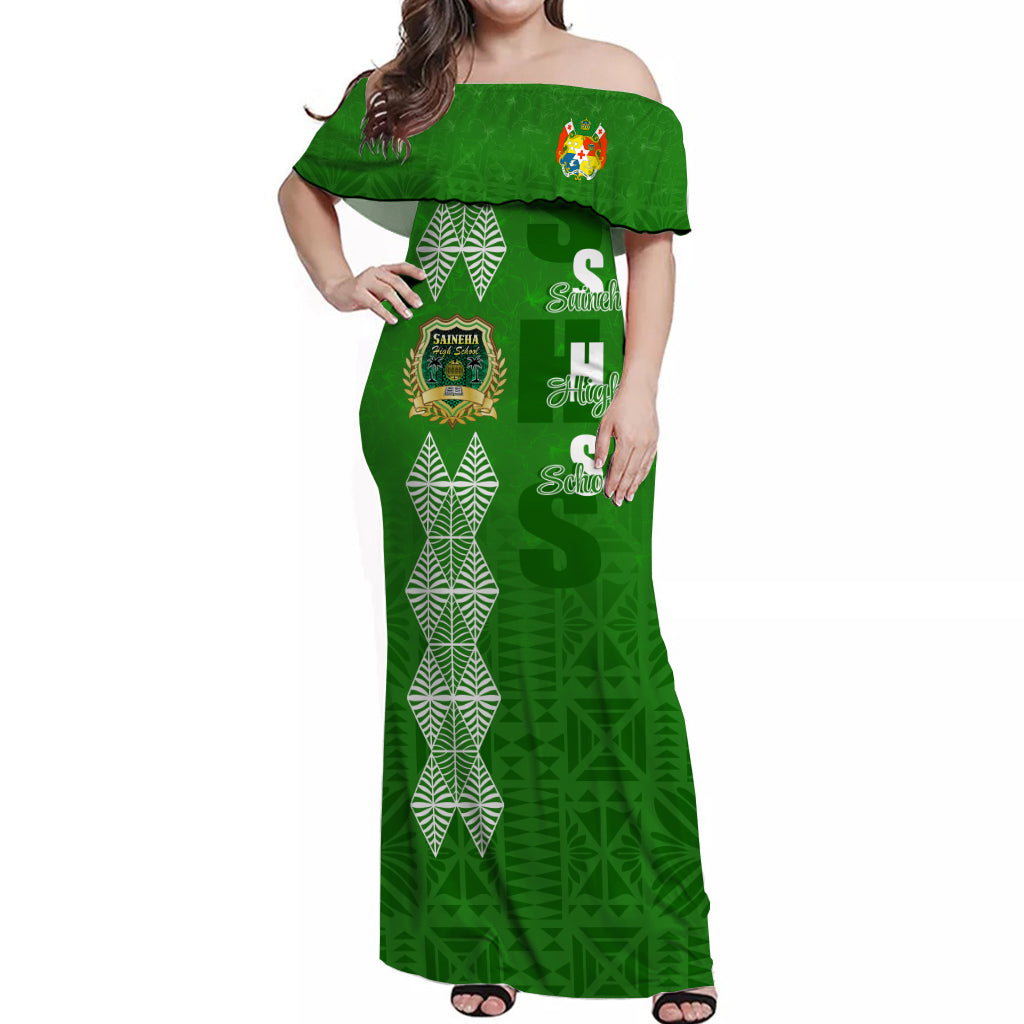 Tonga Saineha High School Hibiscus Off Shoulder Long Dress SHS Old Girls LT7 Long Dress Green - Polynesian Pride