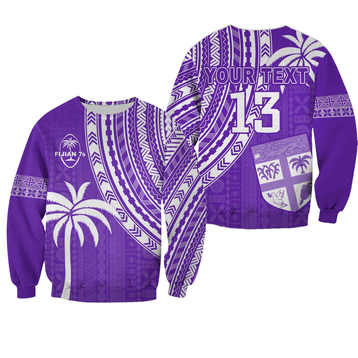 (Custom Text and Number) Fiji Rugby Sevens Sweatshirt Fijian 7s Tapa Polynesian Purple LT13 Unisex Purple - Polynesian Pride