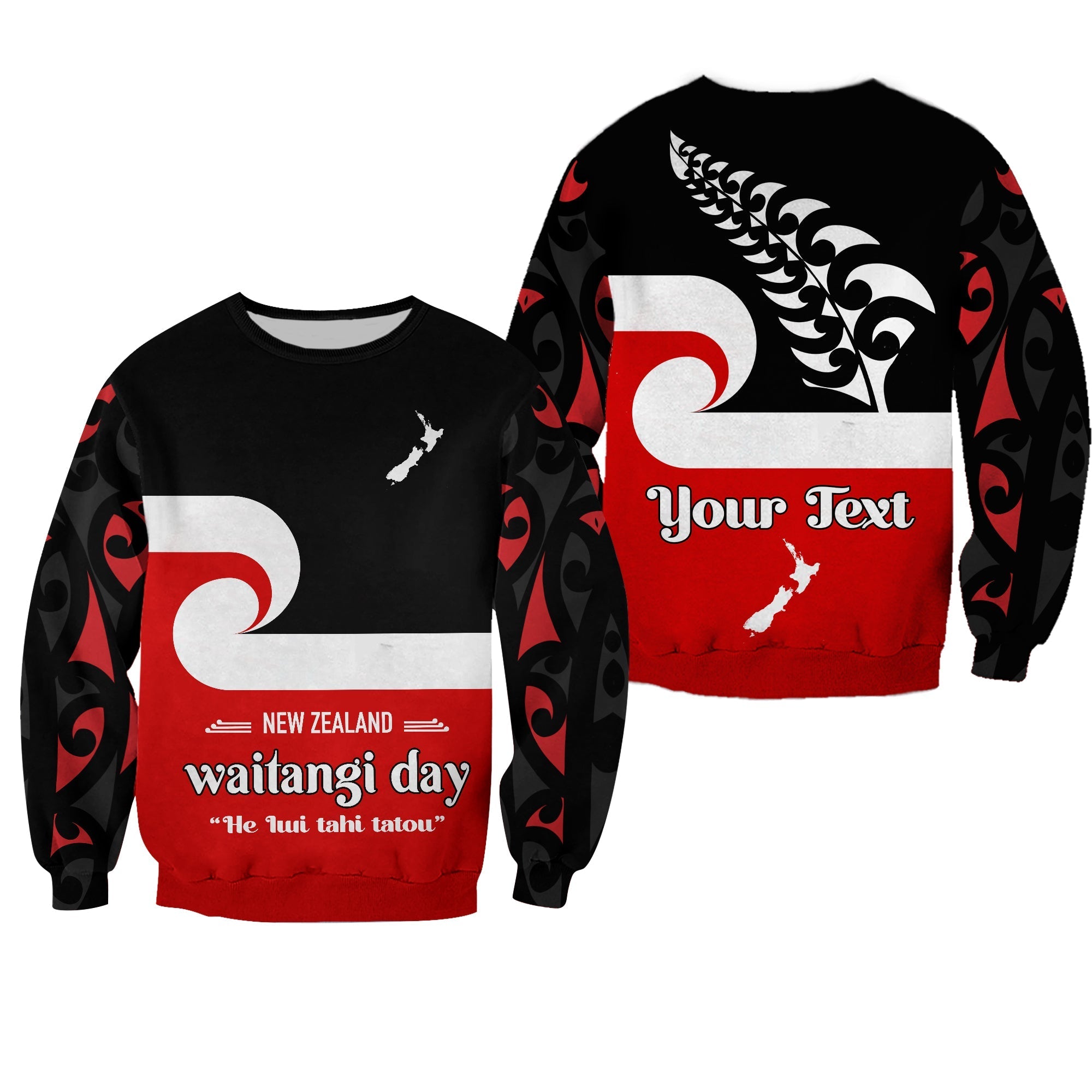 (Custom Personalised) Waitangi Day Sweatshirt Maori Fern and Tino Rangatiratanga Flag LT13 Unisex Black - Polynesian Pride