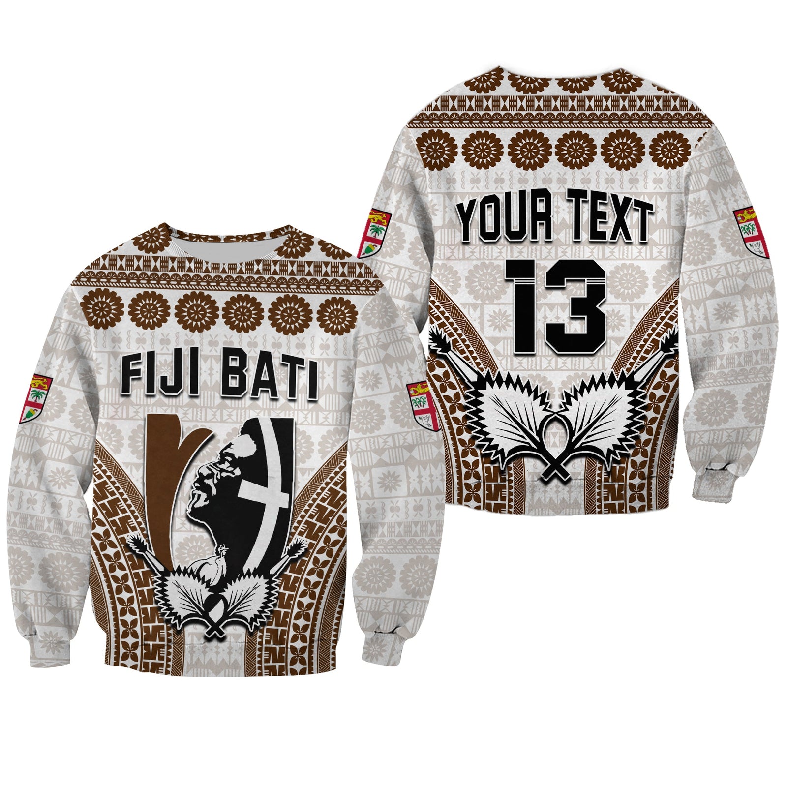 Custom Text and Number Fiji Rugby Bati Sweatshirt Proud Tapa Pattern LT13 Unisex White - Polynesian Pride