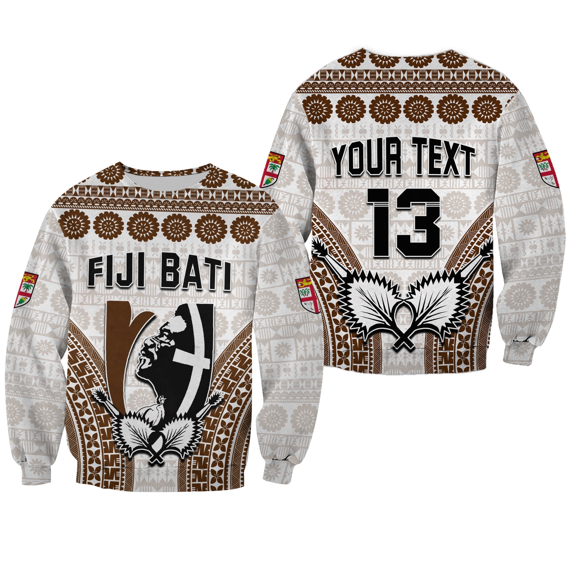 Custom Text and Number Fiji Rugby Bati Sweatshirt Proud Tapa Pattern LT13 Unisex White - Polynesian Pride