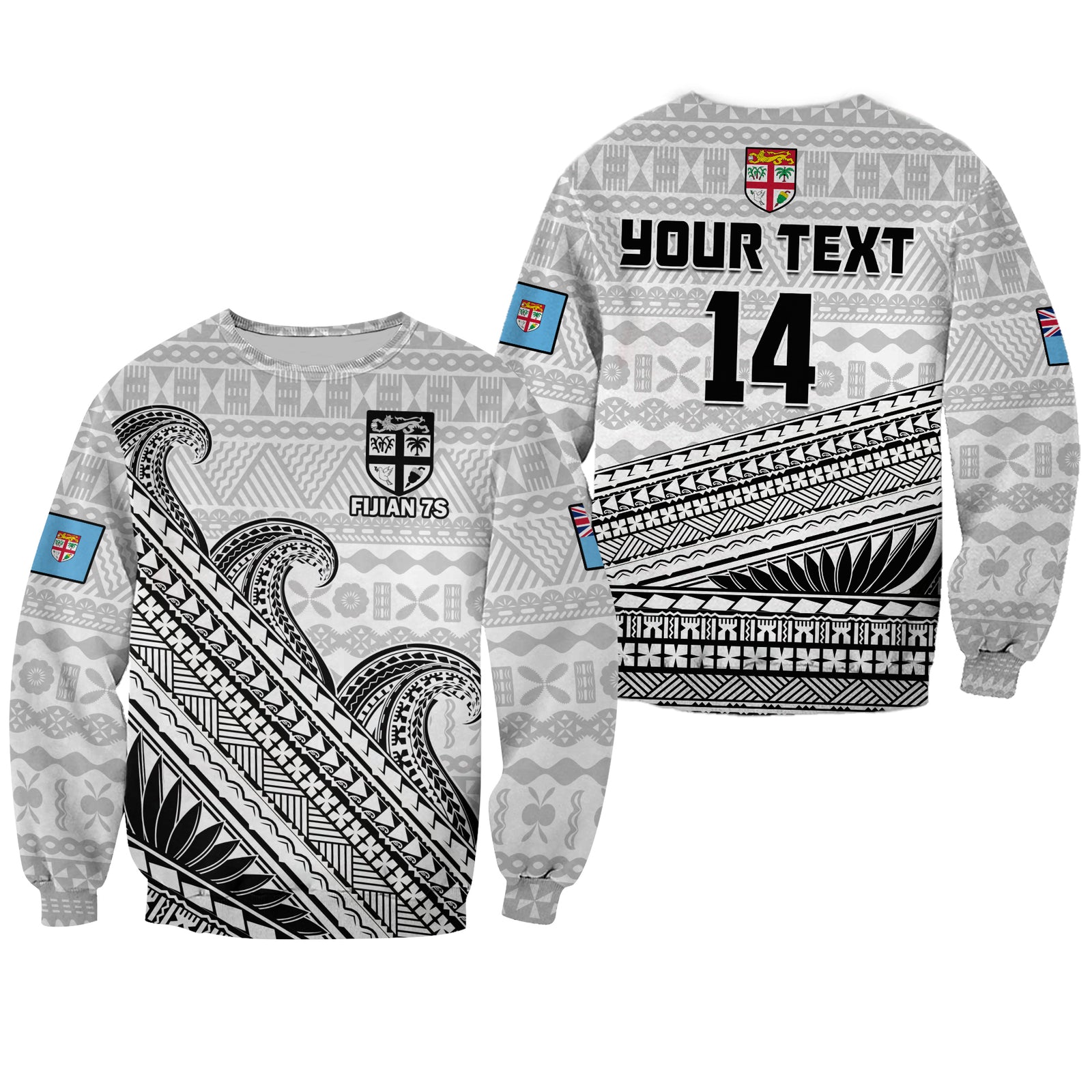 (Custom Text And Number) Fiji Sevens Rugby Sweatshirt Fijian 7s Tapa Polynesian Art LT14 Unisex White - Polynesian Pride