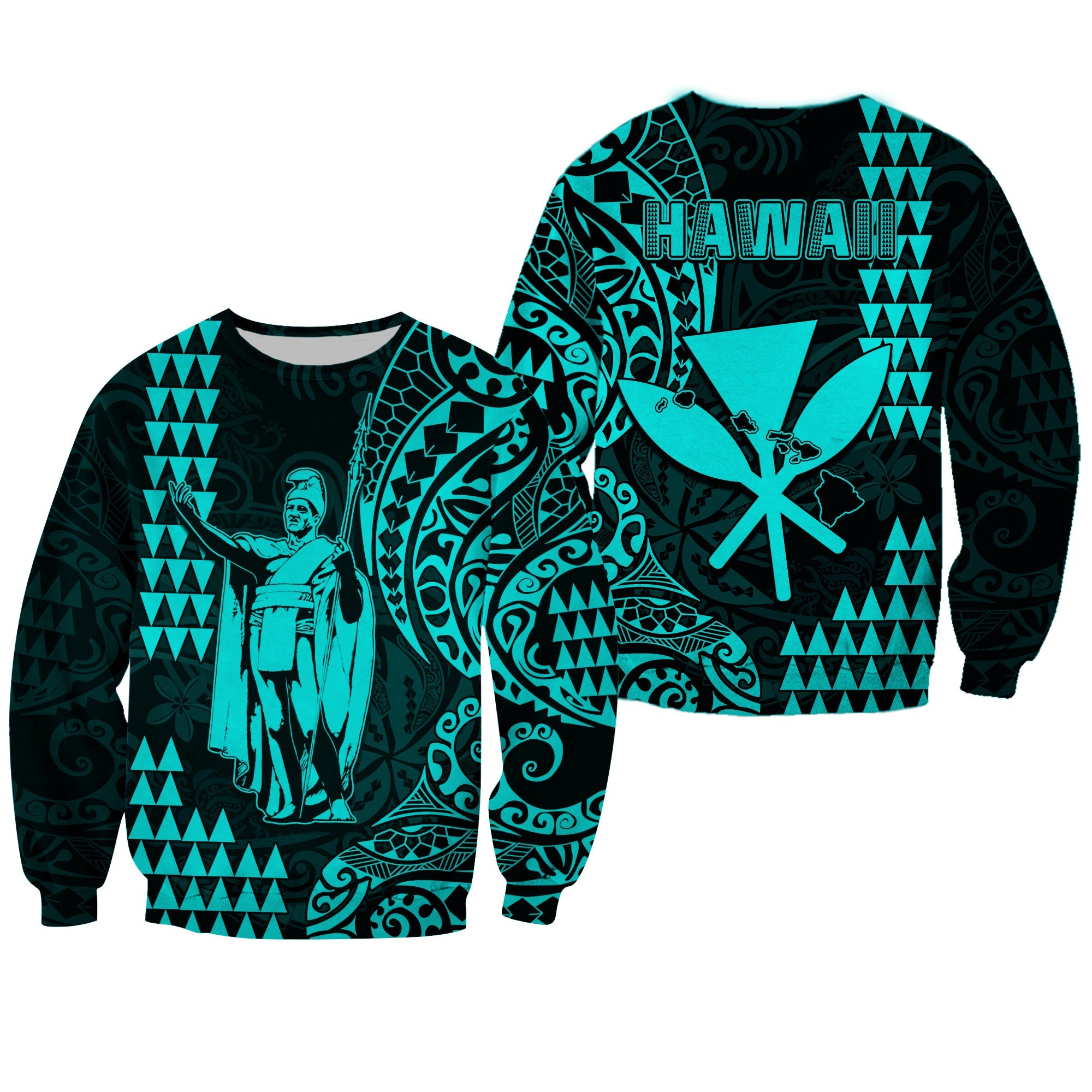 Hawaii Day Kakau Sweatshirt Proud To Be Hawaiian Turquoise King Kamehameha and Kanaka Maoli LT13 Unisex Turquoise - Polynesian Pride
