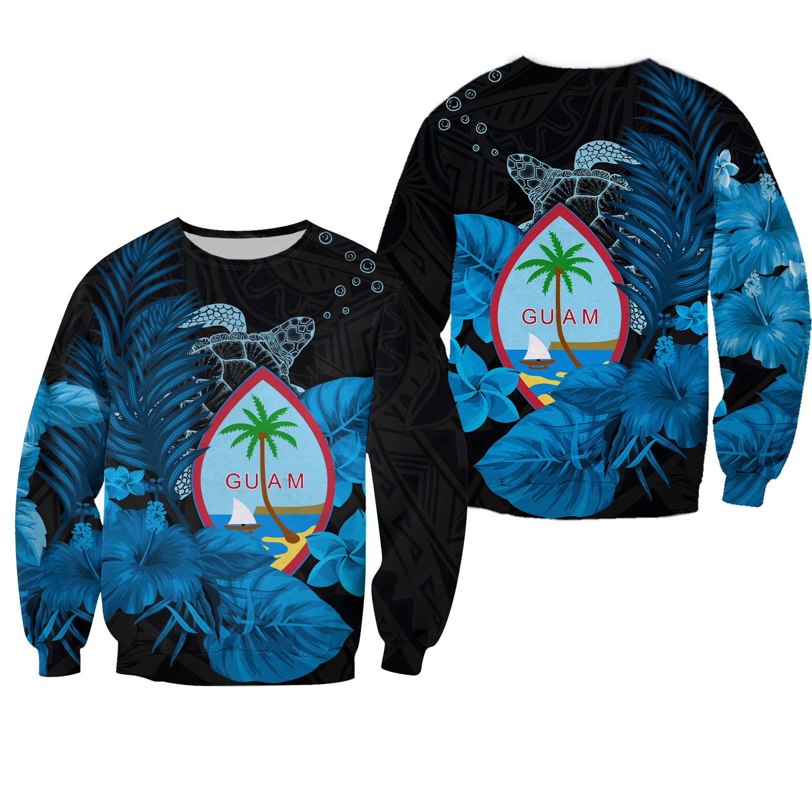 Guam Seal Sweatshirt Polynesian Turtle with Flowers Version Blue LT13 Unisex Black - Polynesian Pride