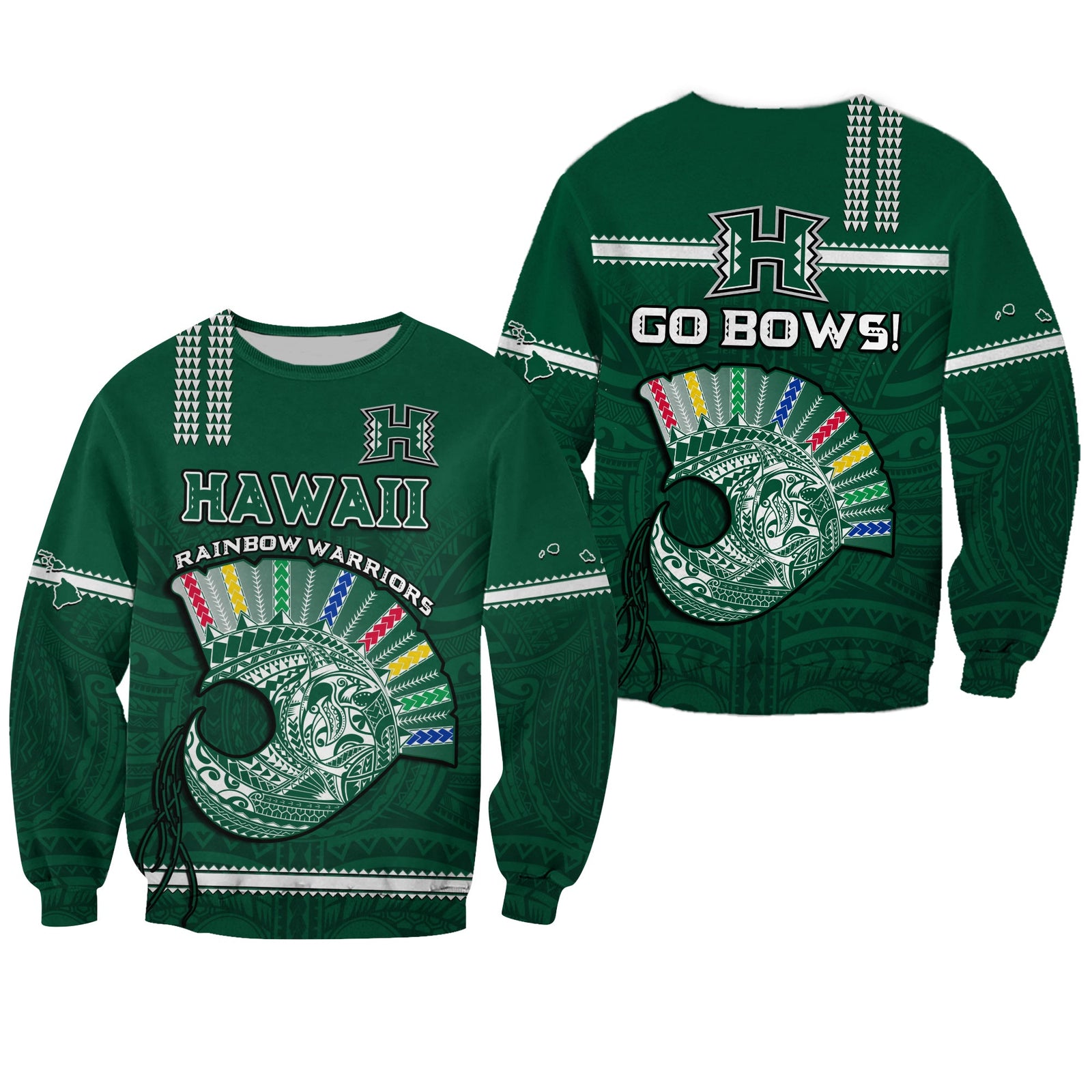 Hawaii Football Sweatshirt Kakau Rainbow Warriors Helmet Go Bows LT14 Unisex Green - Polynesian Pride