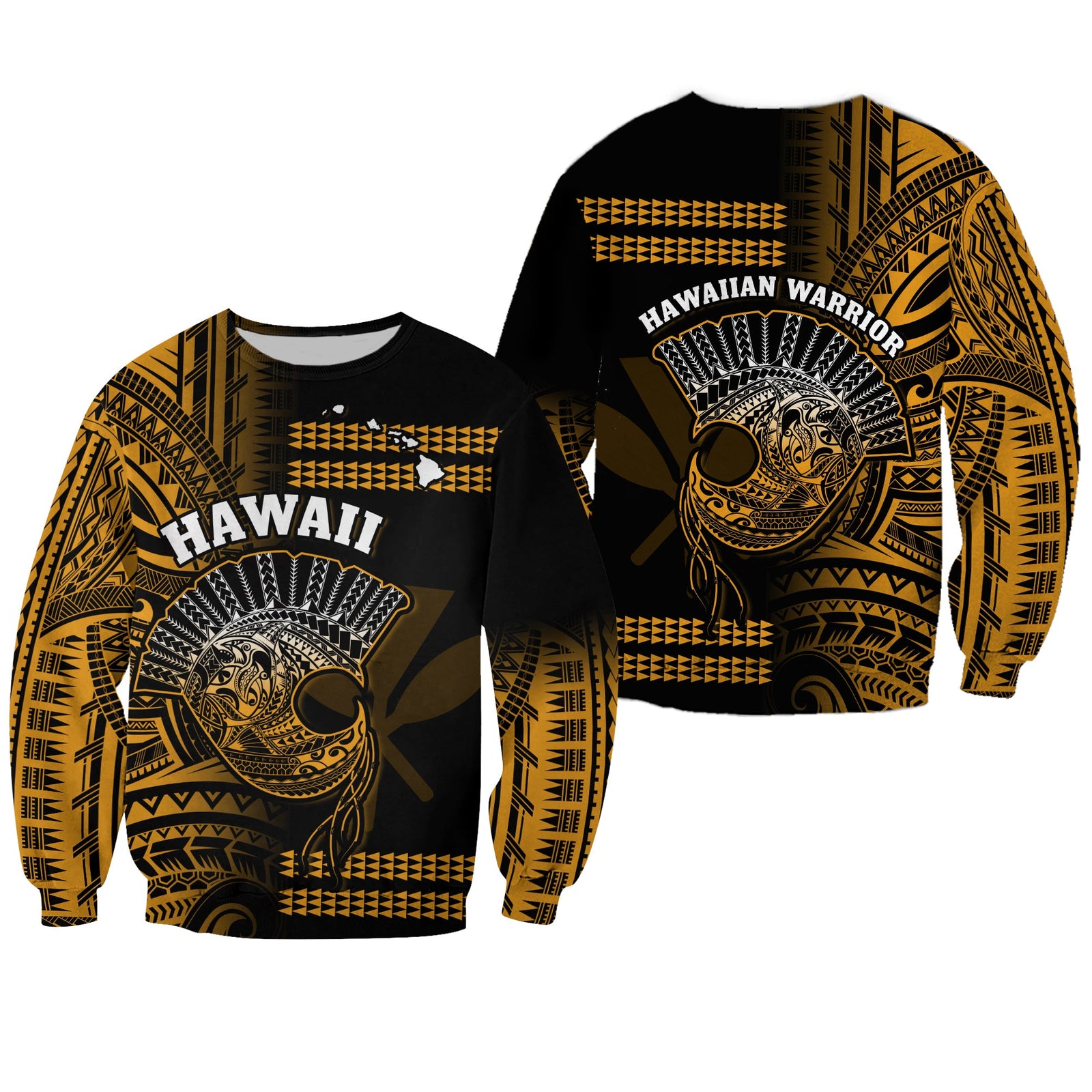 Hawaii Sweatshirt Kakau Warrior Helmet Gradient Gold Polynesian LT14 Unisex Gold - Polynesian Pride