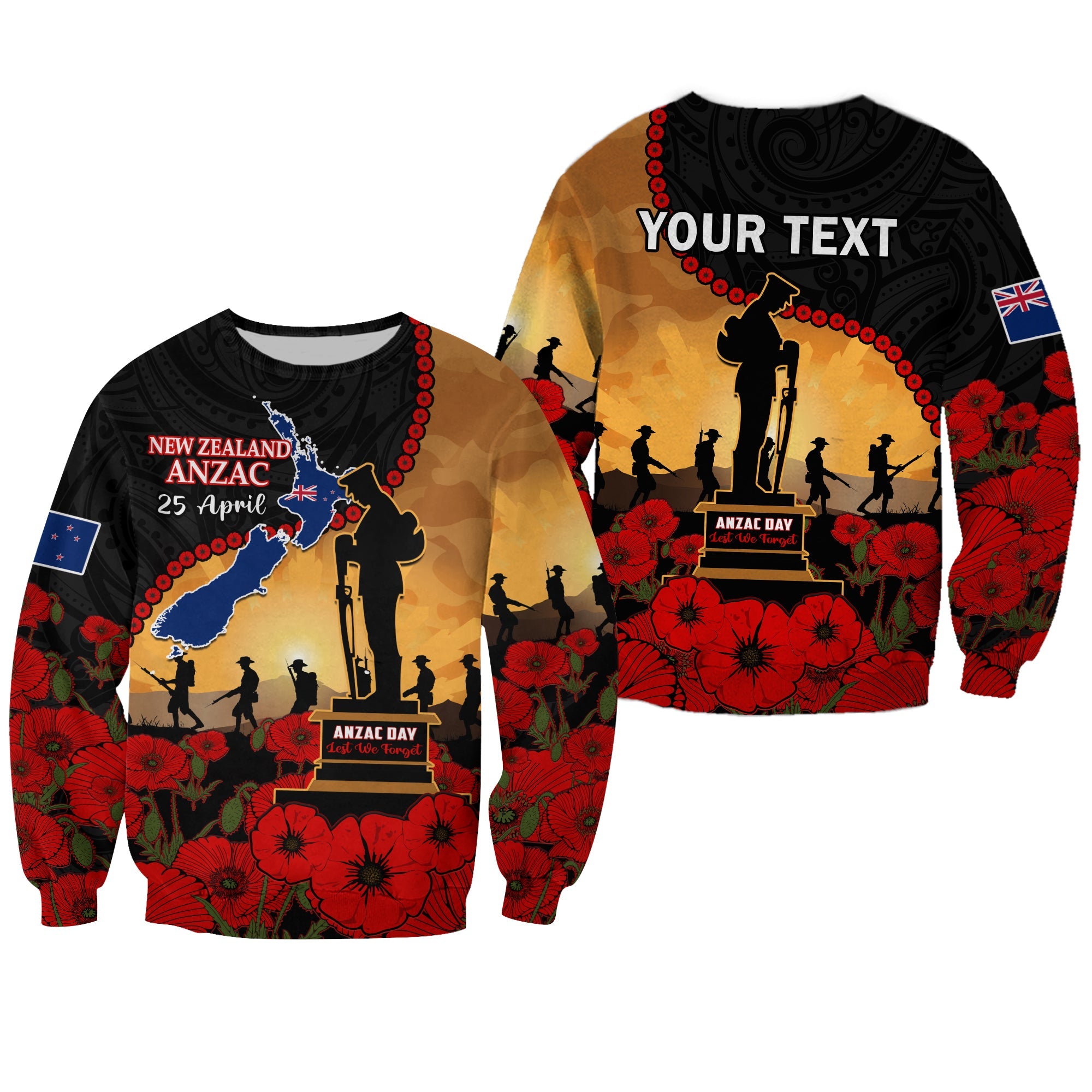 (Custom Personalised) New Zealand Anzac Sweatshirt Maori Camouflage Mix Poppies We Will Remember Them LT14 Unisex Black - Polynesian Pride