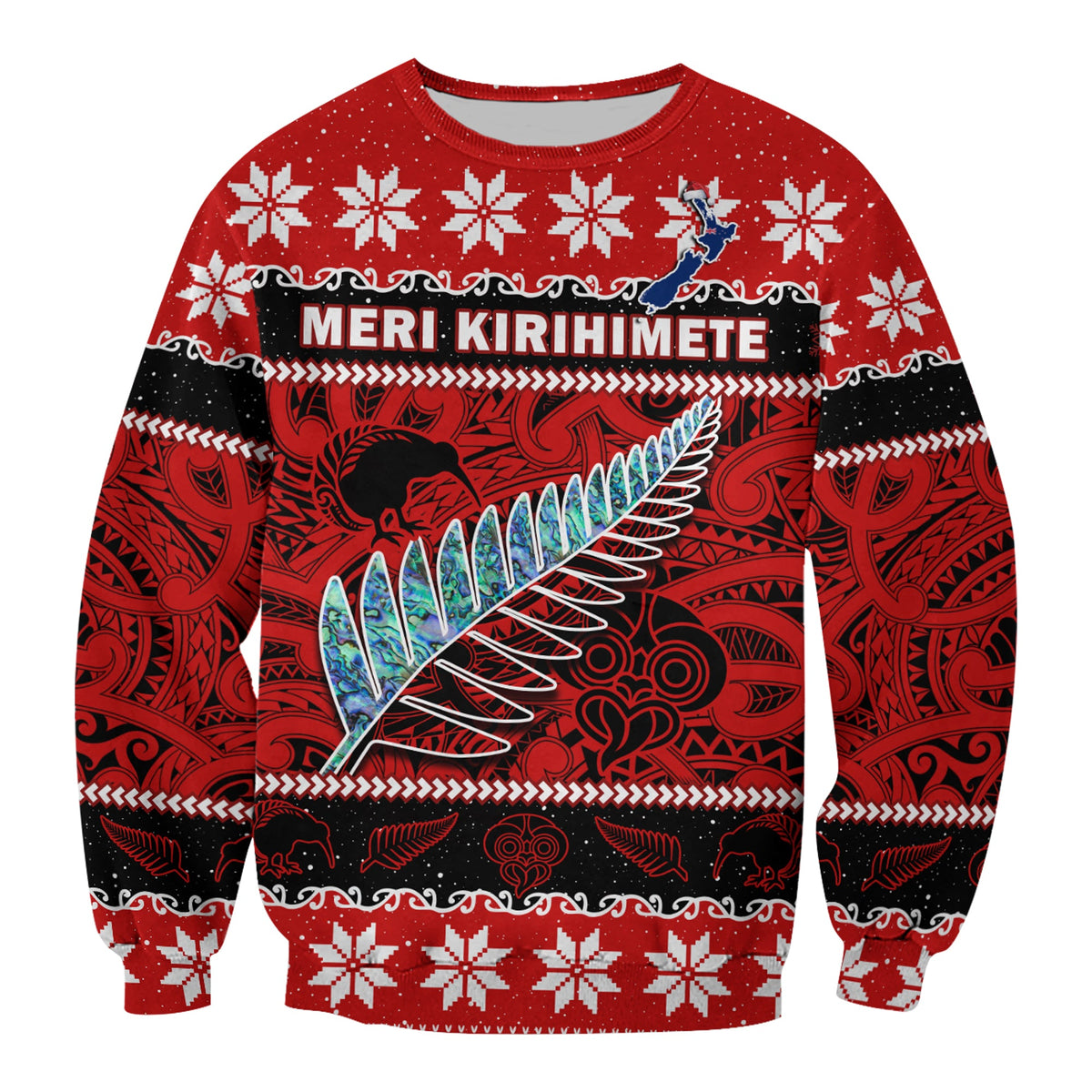 New Zealand Christmas Sweatshirt Paua Shell Silver Fern Meri Kirihimete LT14 Unisex Red - Polynesian Pride