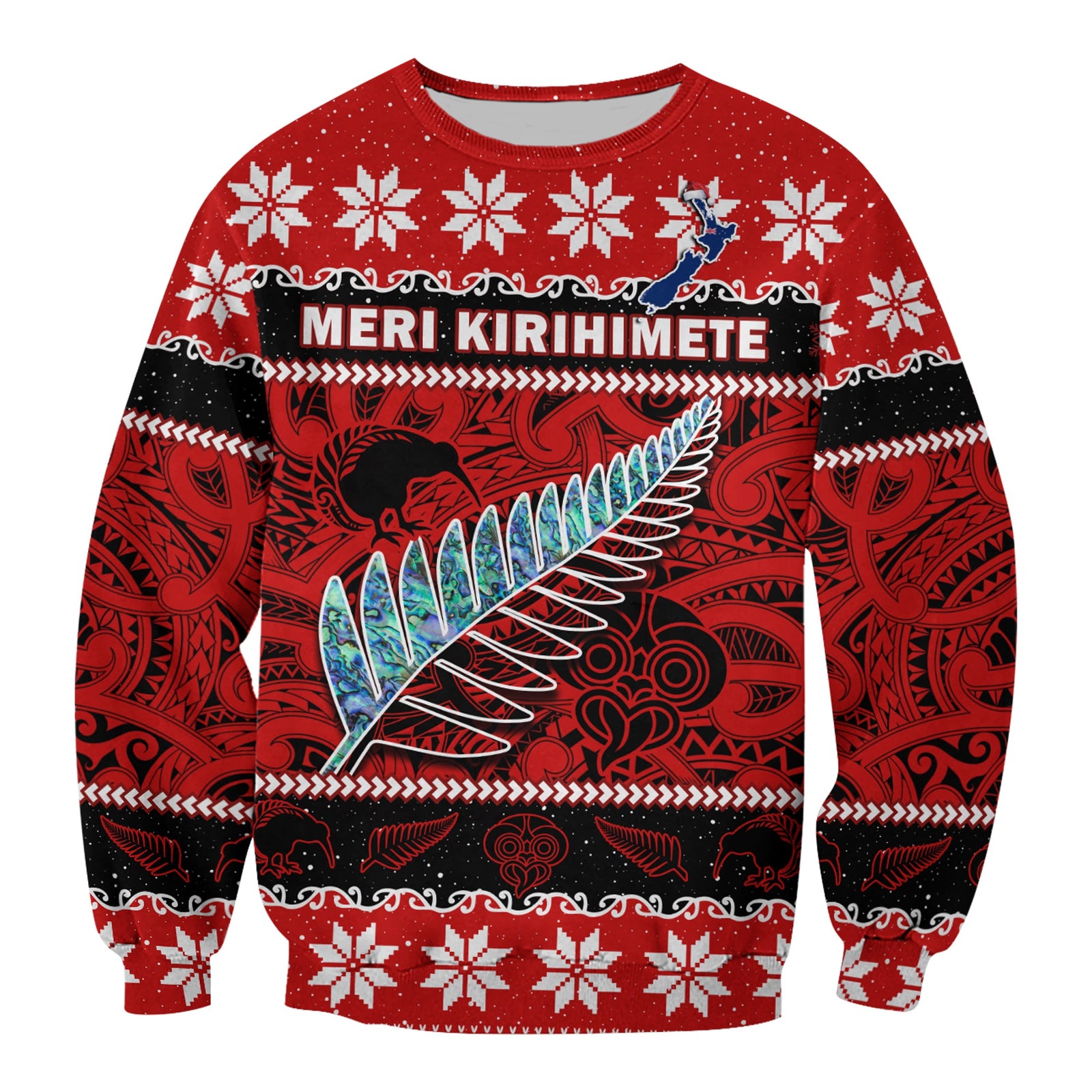 New Zealand Christmas Sweatshirt Paua Shell Silver Fern Meri Kirihimete LT14 Unisex Red - Polynesian Pride