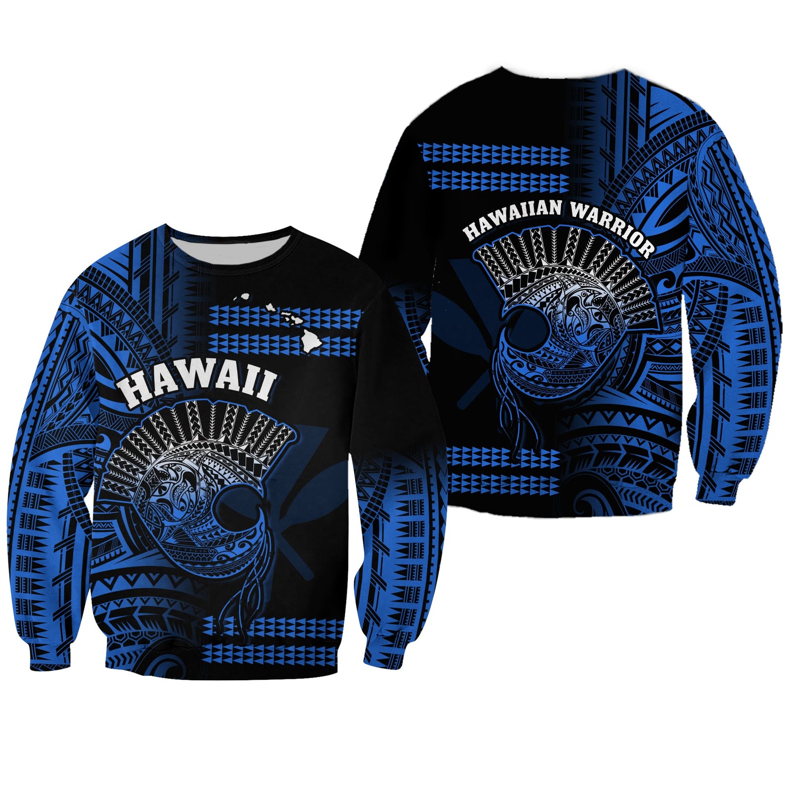 Hawaii Sweatshirt Kakau Warrior Helmet Gradient Blue Polynesian LT14 Unisex Blue - Polynesian Pride