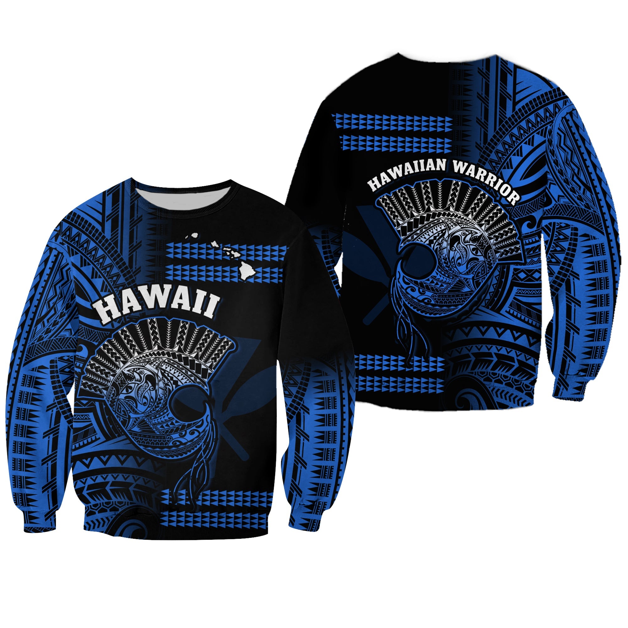 Hawaii Sweatshirt Kakau Warrior Helmet Gradient Blue Polynesian LT14 Unisex Blue - Polynesian Pride