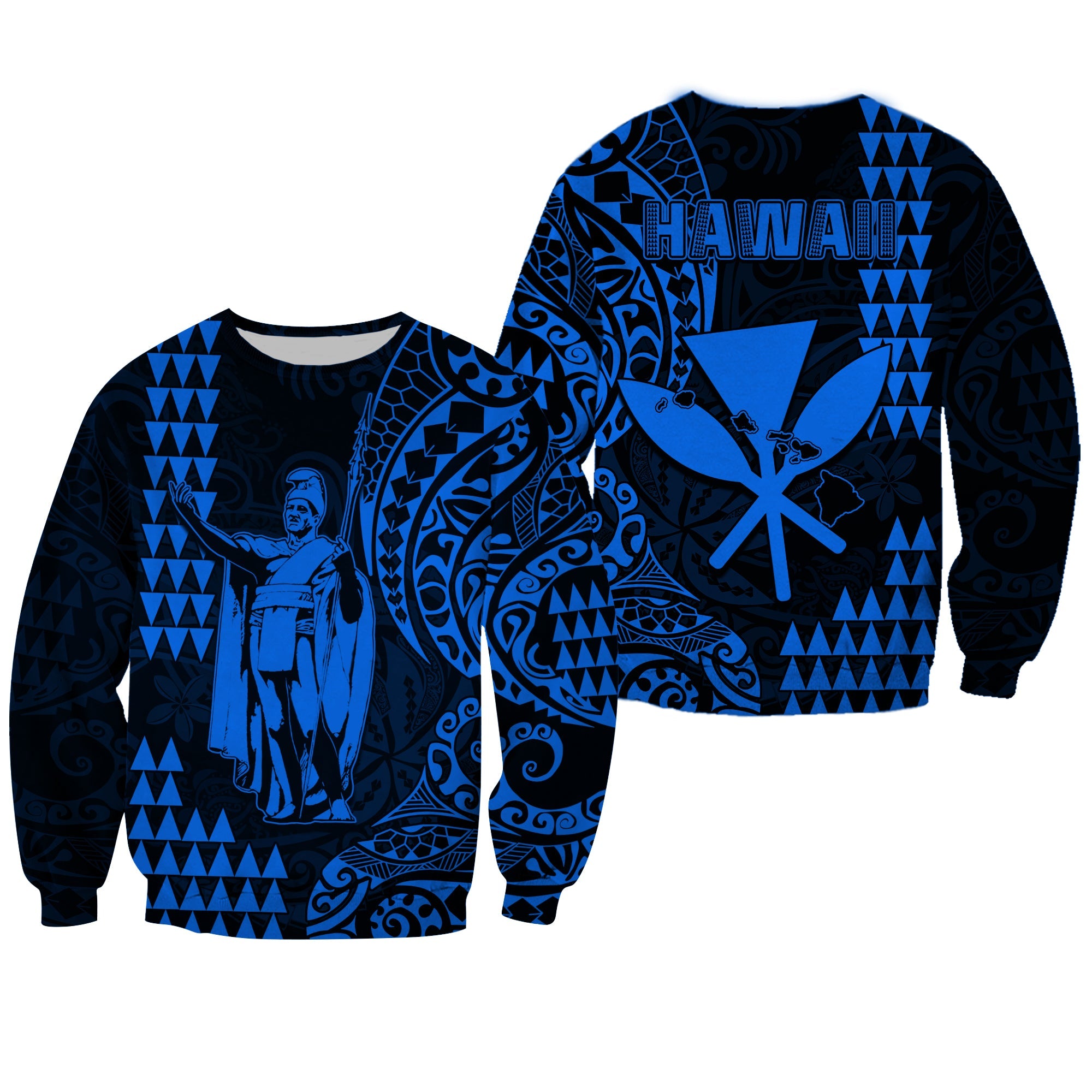 Hawaii Day Kakau Sweatshirt Proud To Be Hawaiian Blue King Kamehameha and Kanaka Maoli LT13 Unisex Blue - Polynesian Pride
