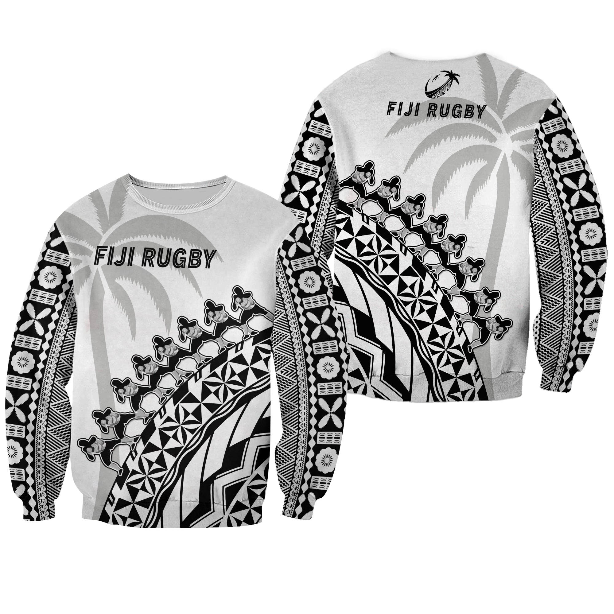 Fiji Rugby Sweatshirt Fijian Cibi Dance Tapa Pattern White LT14 Unisex White - Polynesian Pride