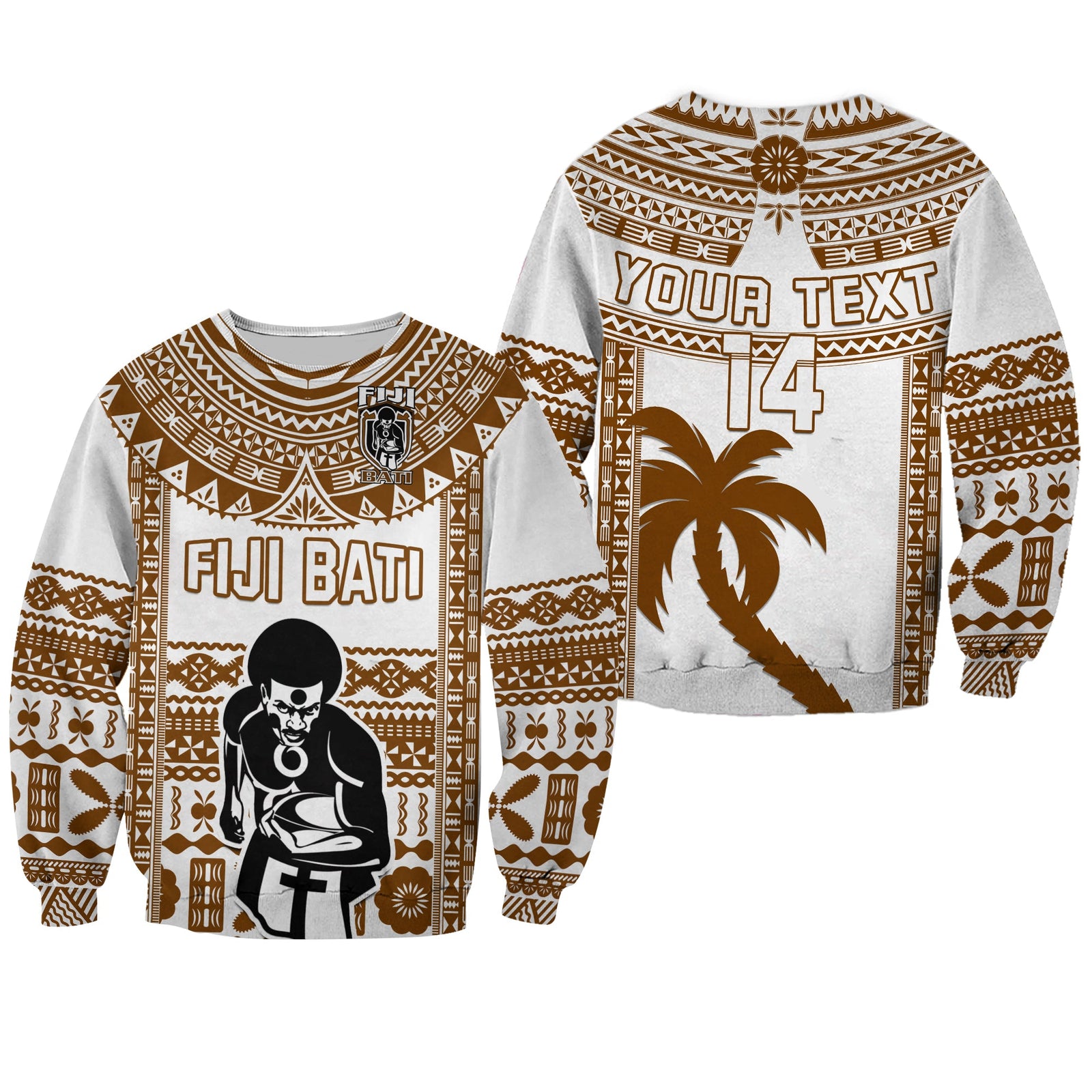Custom Text And Number Fiji Rugby Sweatshirt Pacific The Bati Brown Fijian Tapa LT14 Unisex Brown - Polynesian Pride