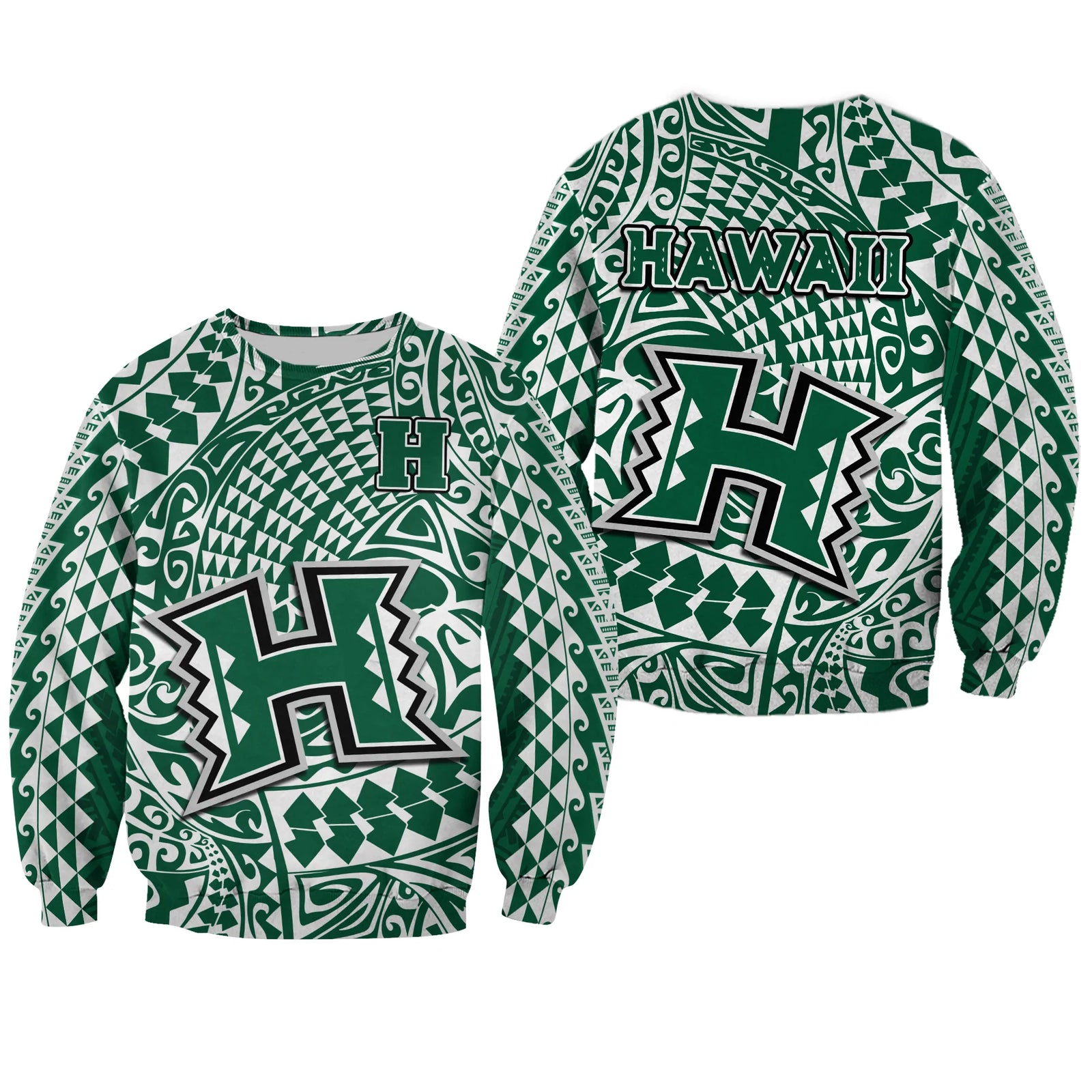 Hawaii Football Sweatshirt Rainbow Warriors Tribal Kakau LT14 Unisex Green - Polynesian Pride