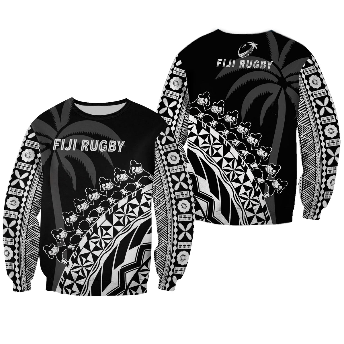 Fiji Rugby Sweatshirt Fijian Cibi Dance Tapa Pattern Black LT14 Unisex Black - Polynesian Pride