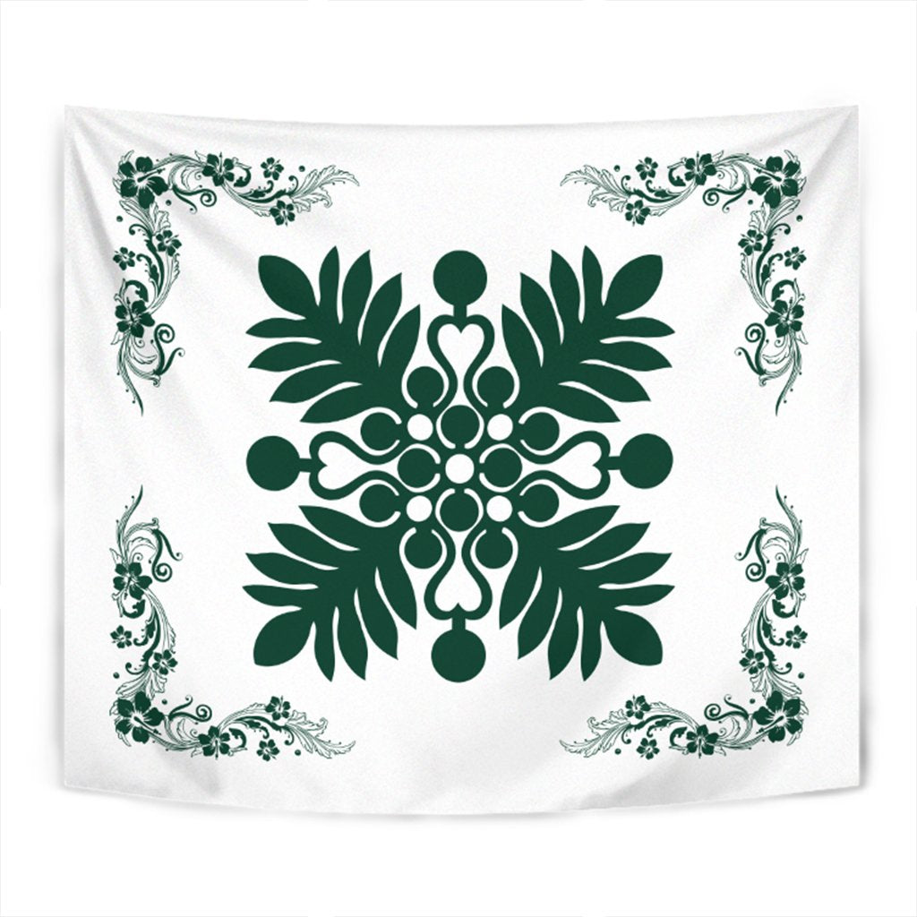 Hawaiian Quilt Maui Plant And Hibiscus Tappestry - Sacramento White - AH Wall Tapestry Sacramento - Polynesian Pride