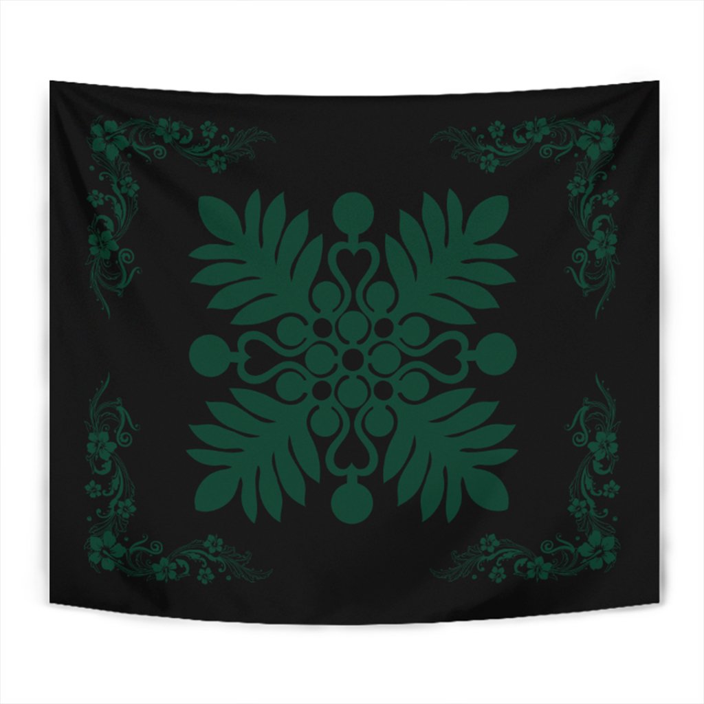 Hawaiian Quilt Maui Plant And Hibiscus Tappestry - Sacramento Black - AH Wall Tapestry Sacramento - Polynesian Pride